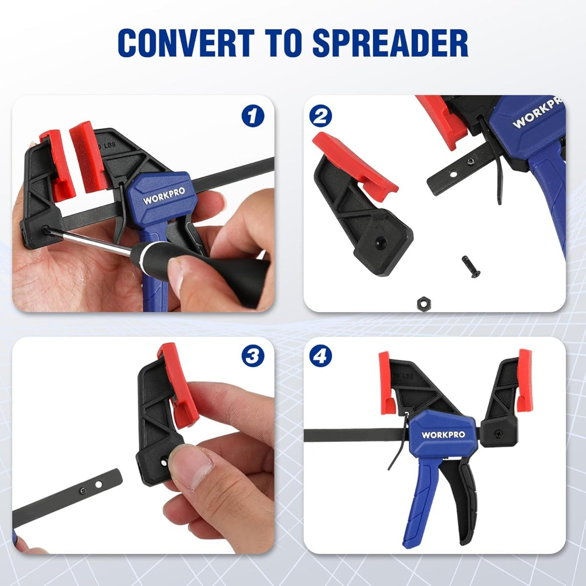 Mini bar clamp conversion spreader assembly, showing parts and blue trigger handle