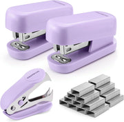 Purple mini stapler set with two staplers, staple remover, and small metal staples