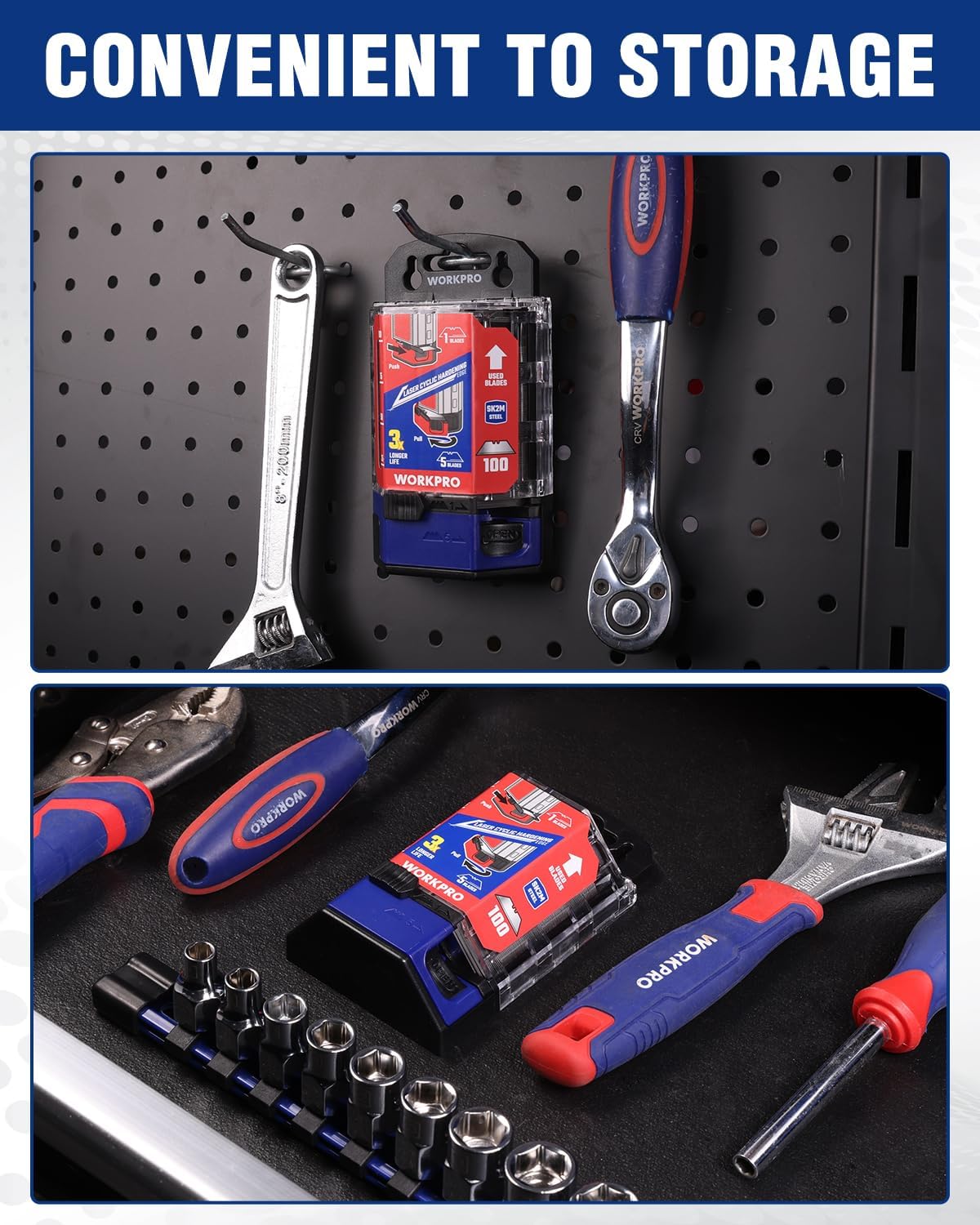 Utility knife blade storage dispenser with spare blades and metal tools on pegboard