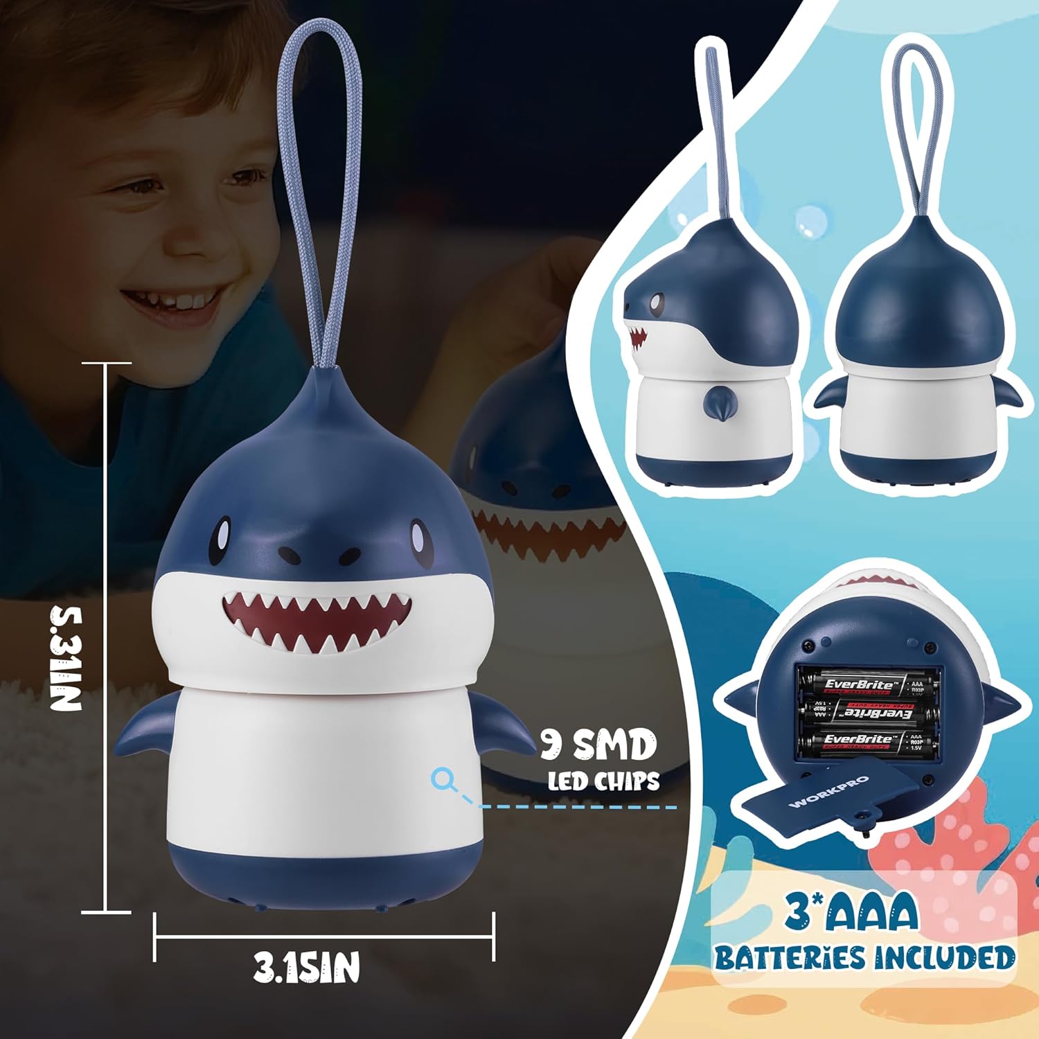 Blue and white shark night light lantern with hanging lanyard, shown with details