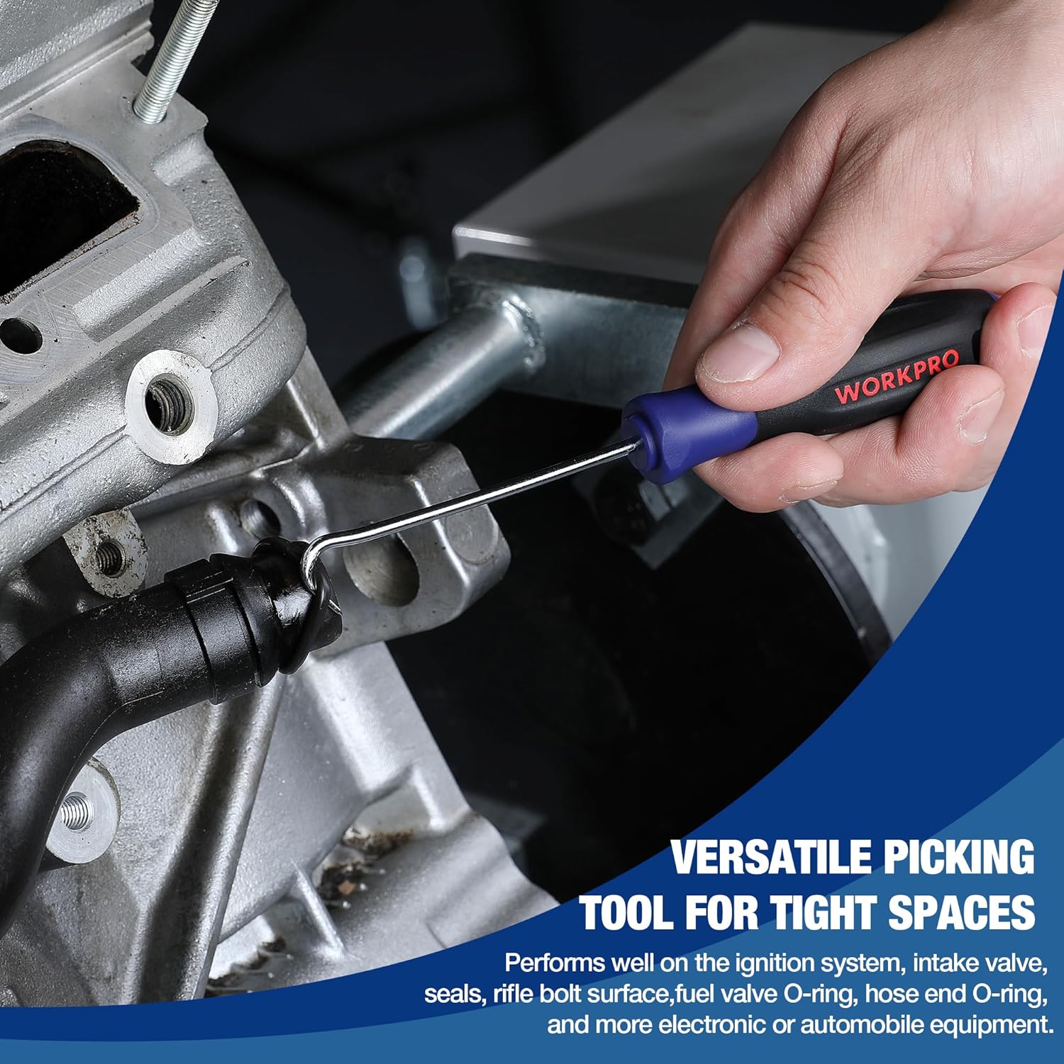 Mechanic pick tool with blue handle and chrome hook tip being held near engine parts