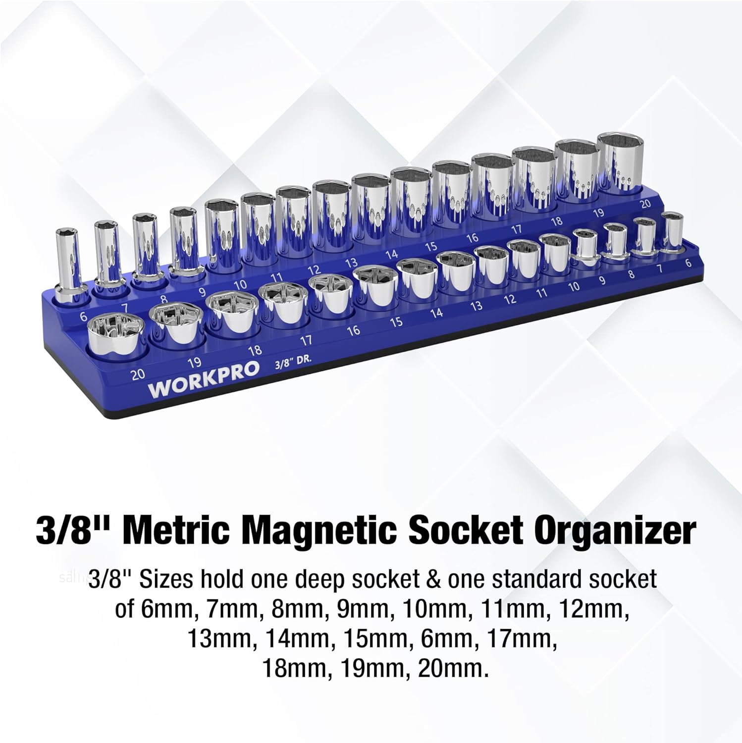 3/8-inch metric magnetic socket organizer with chrome sockets on blue base