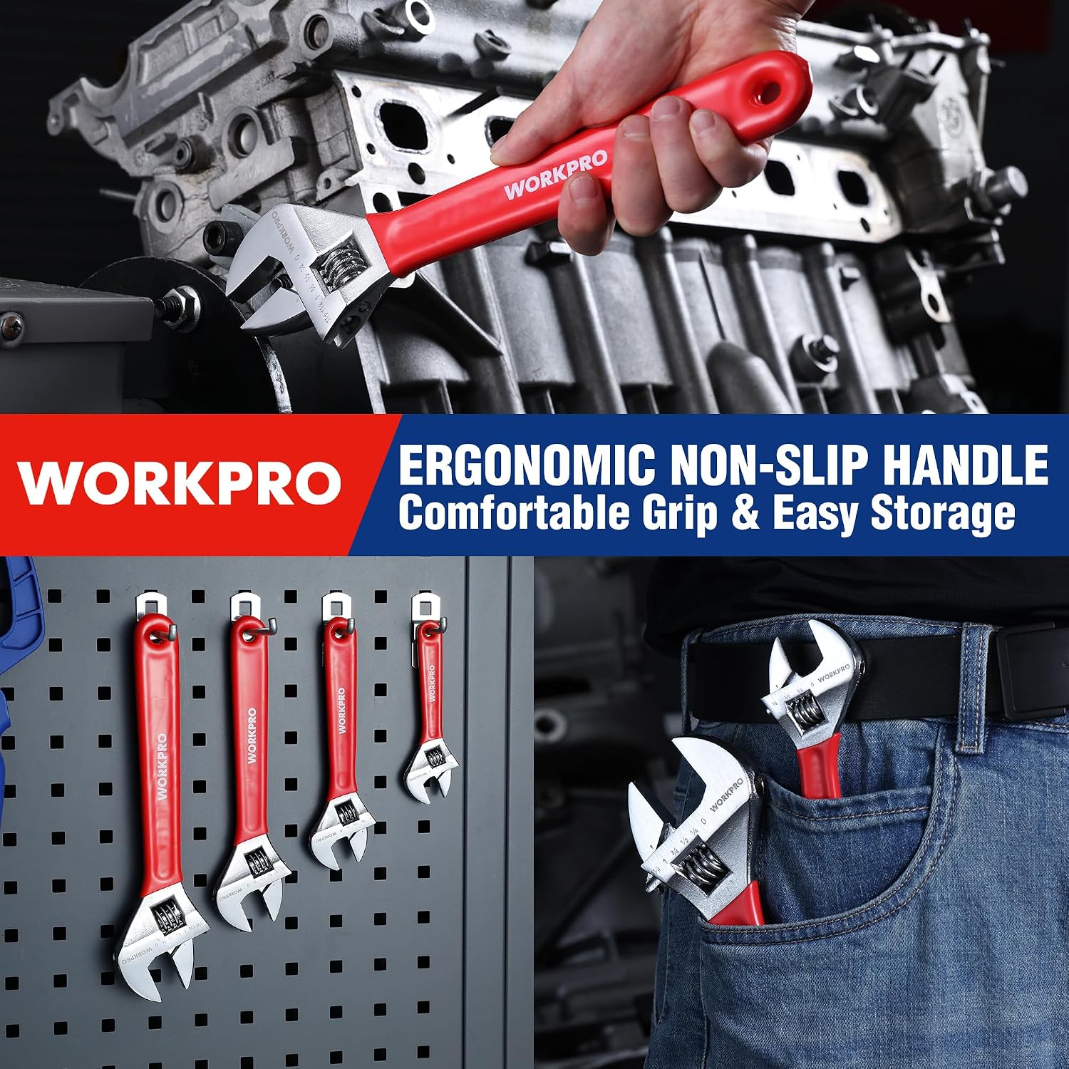 Red ergonomic non-slip adjustable wrench with wide jaw for easy handling and storage