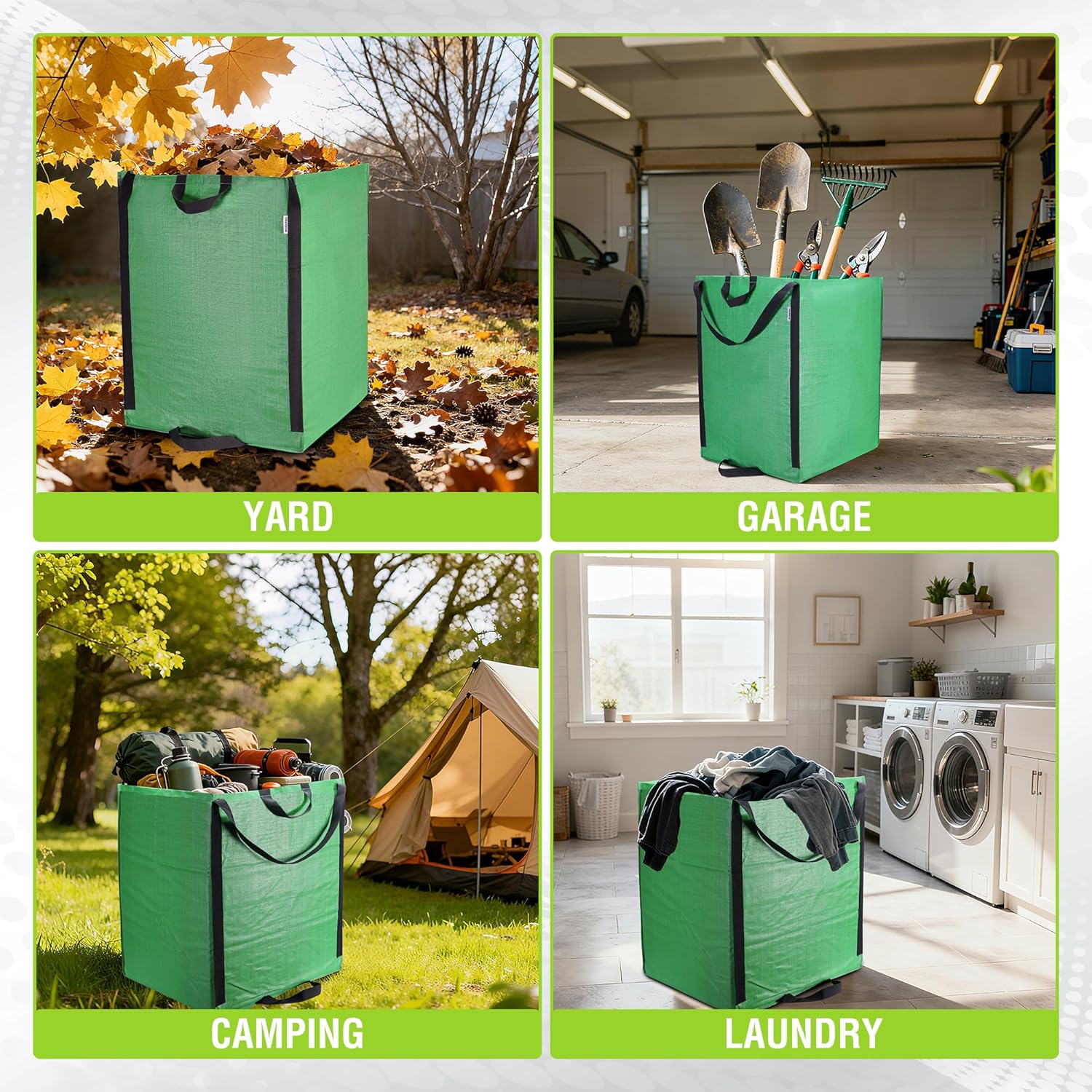 Green reusable yard waste bag used outdoors and in a garage, with sturdy black handles.