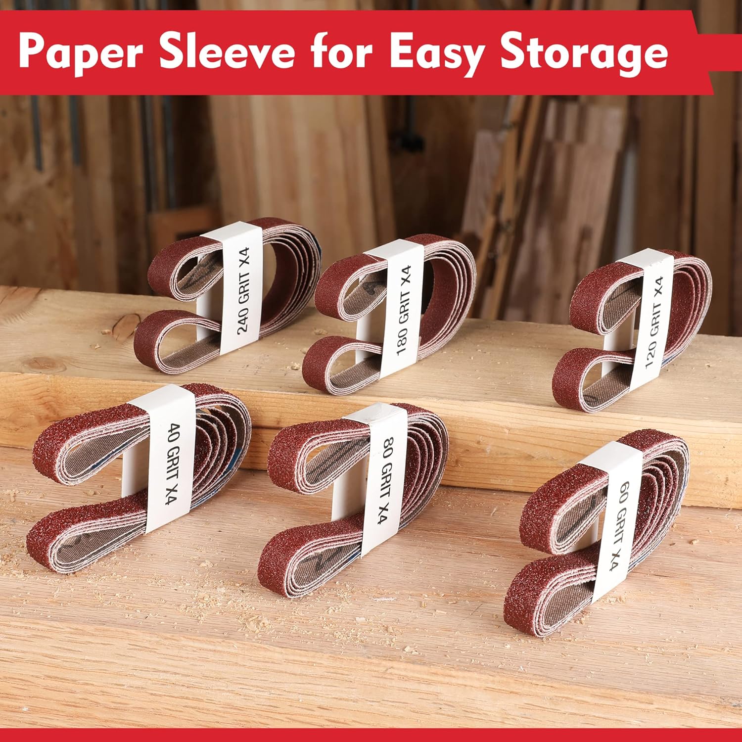 Red sanding belts in white paper sleeves for easy storage, labeled with grit numbers