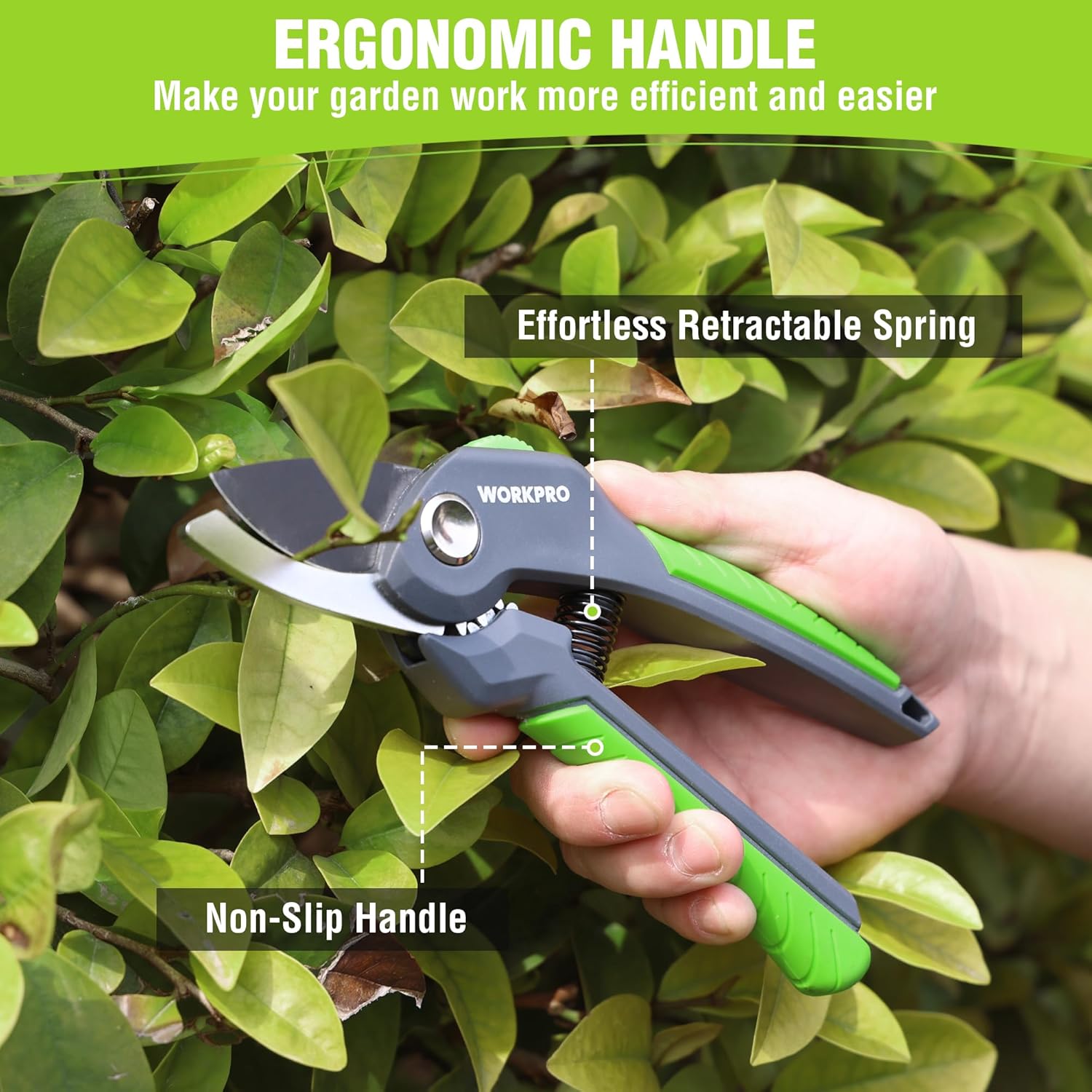 WORKPRO bypass pruning shears with retractable spring and non-slip green handle