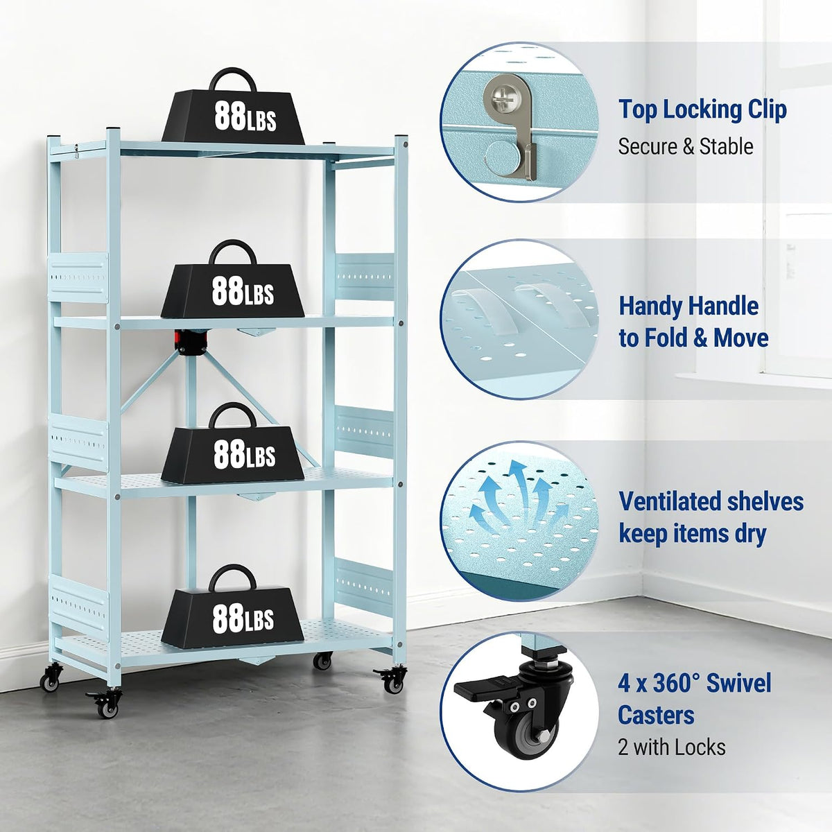 Blue 4-tier folding storage rack with ventilated shelves and locked swivel casters
