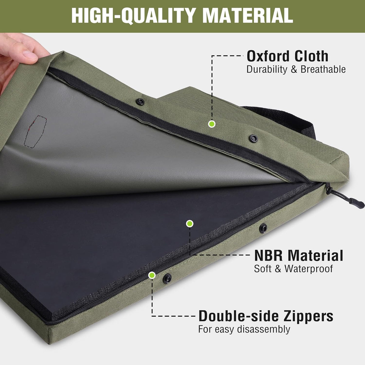 Green kneeling pad cover with zipper seam; NBR material and foam base visible.