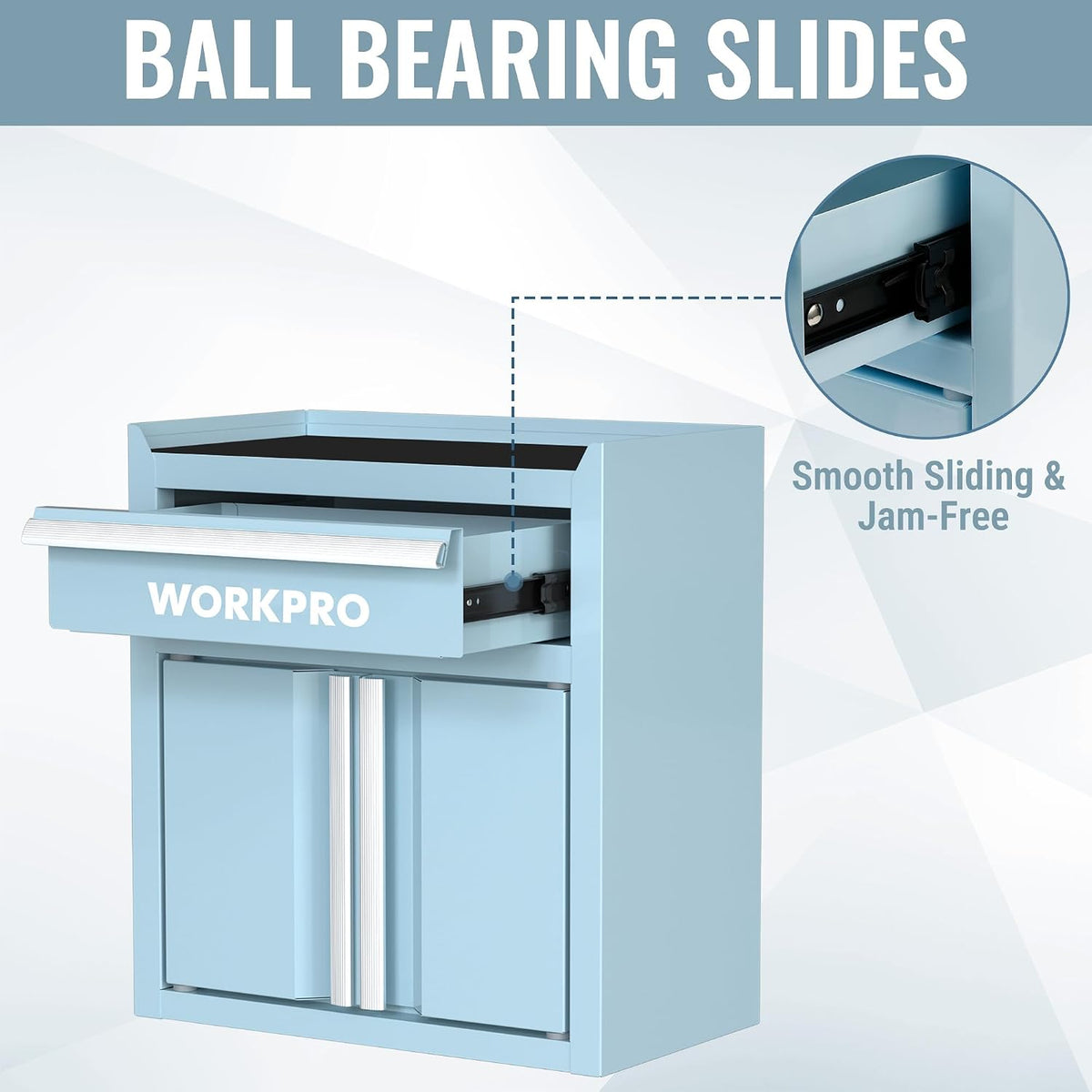 Workpro mini tool box in light blue with ball bearing slides and smooth, jam-free drawer operation.