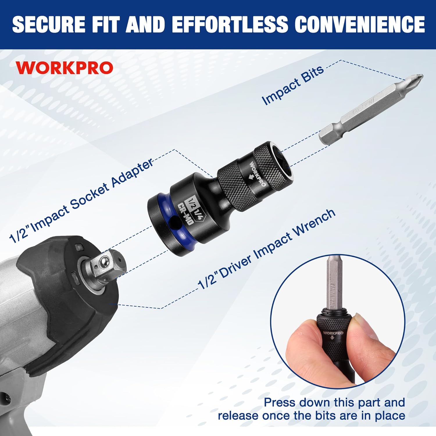 Black impact socket adapter with hex bit holder, textured grip, quick-release fit