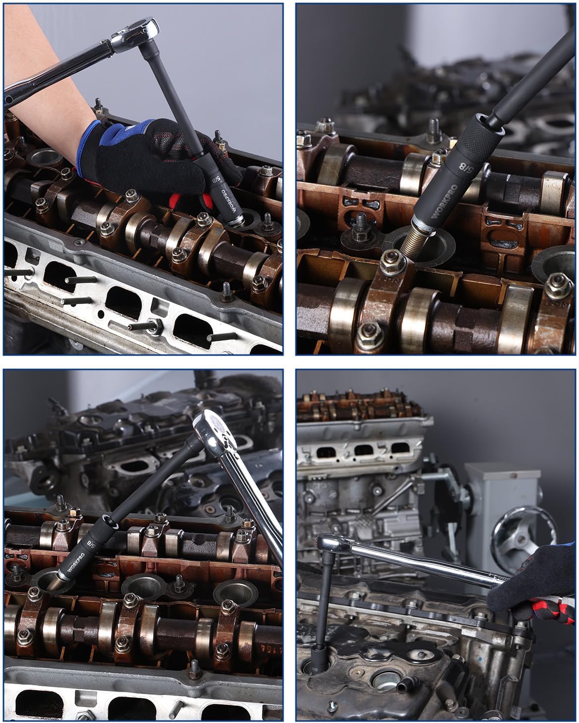 Black 5/8 in spark plug socket in use with 3/8 in drive on engine components