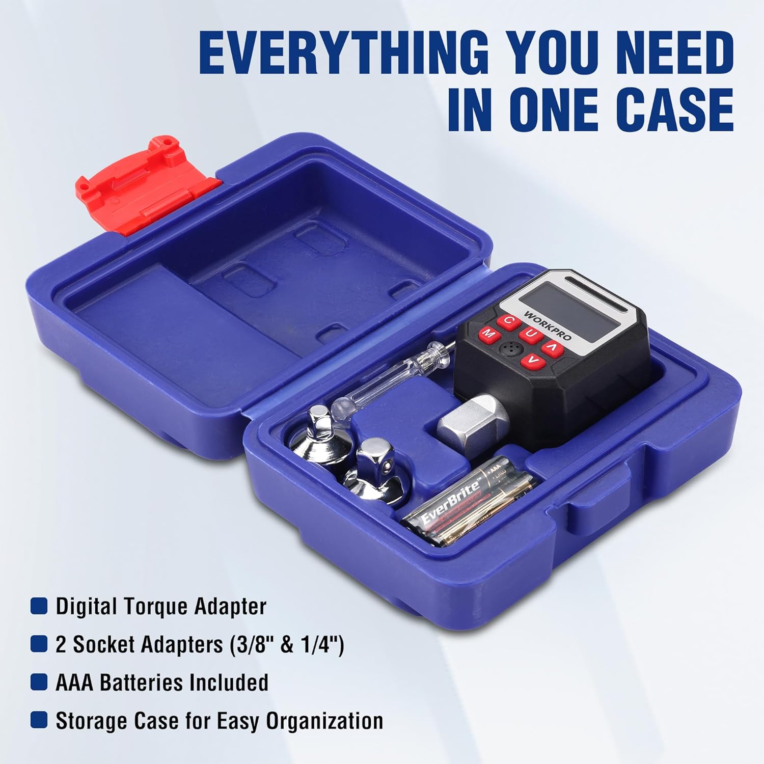 WORKPRO digital torque adapter kit in blue storage case with sockets and batteries