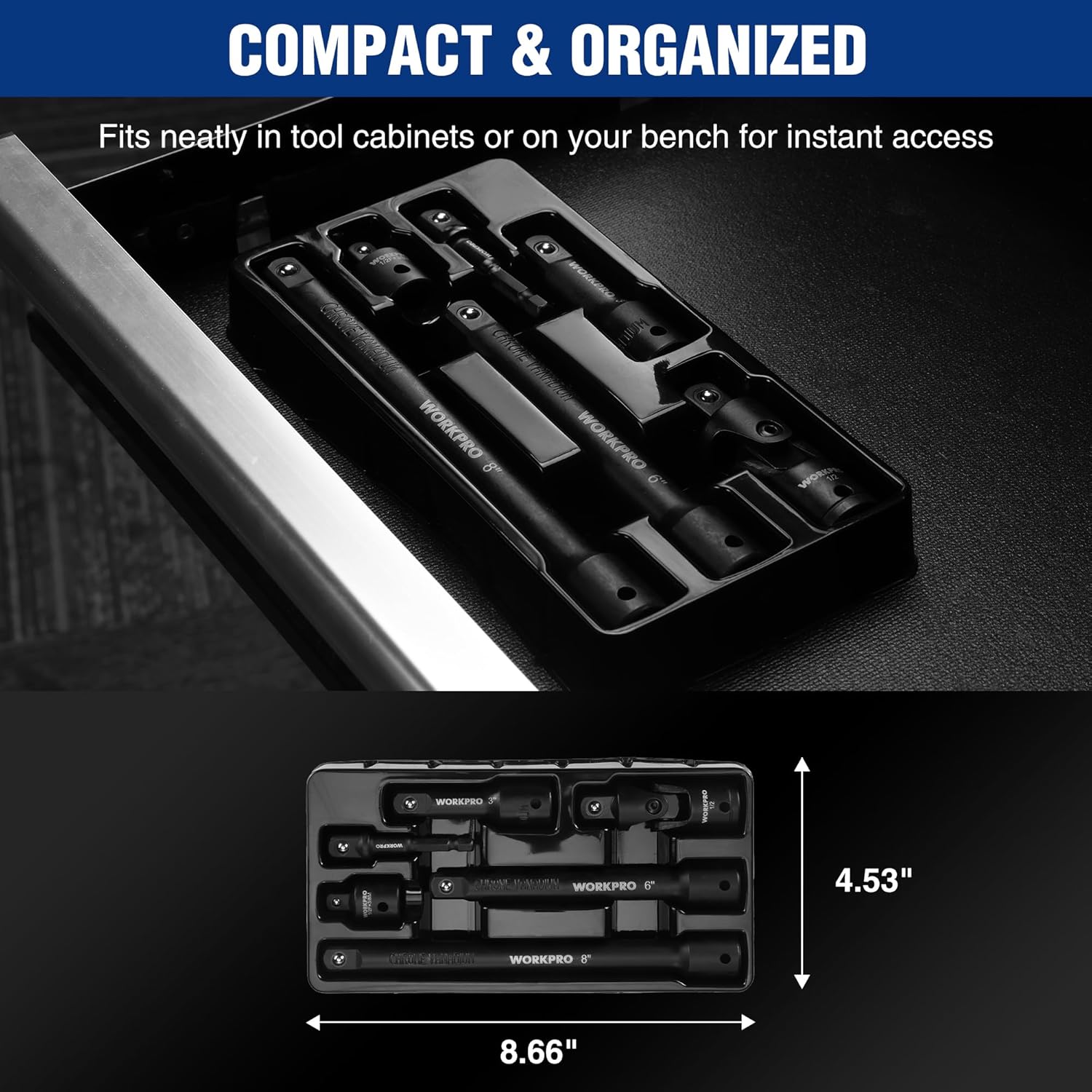 Black 1/2-in drive socket extension set organized in a molded tool tray