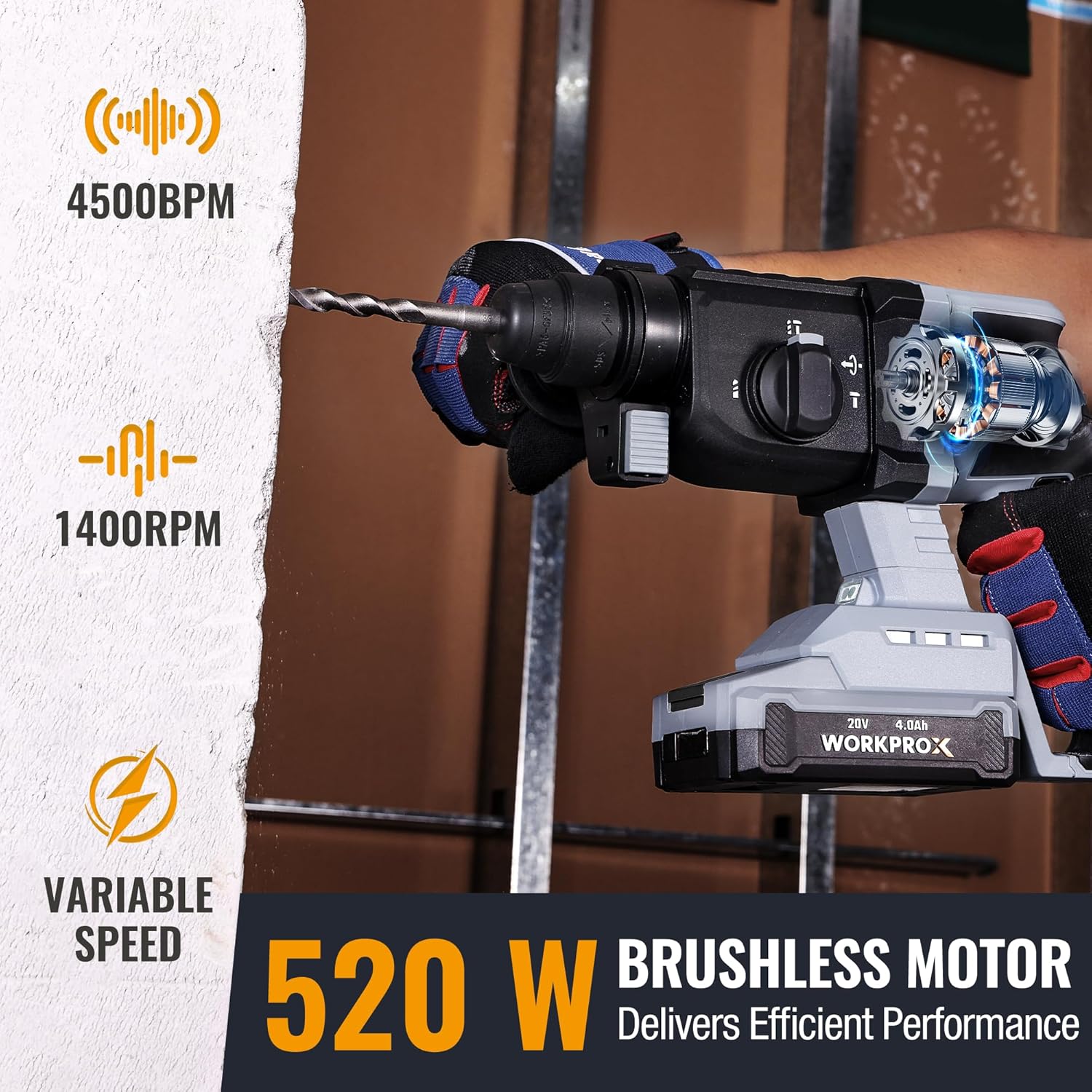 Cordless rotary hammer drill with LED light housing and battery pack