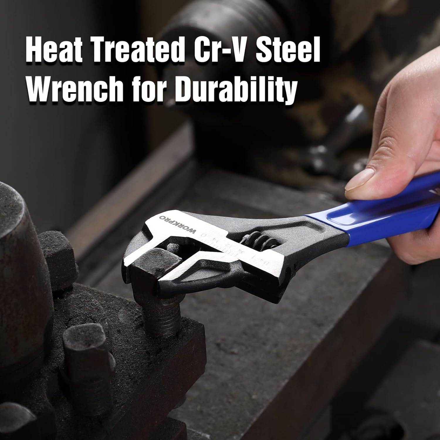 Heat-treated Cr-V steel adjustable wrench with blue handle and grippy cushion coating