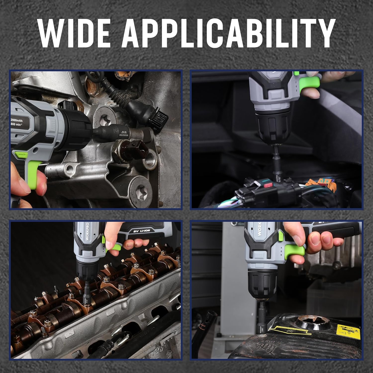 Hex shank nut driver bits shown attached to a power drill for fastening