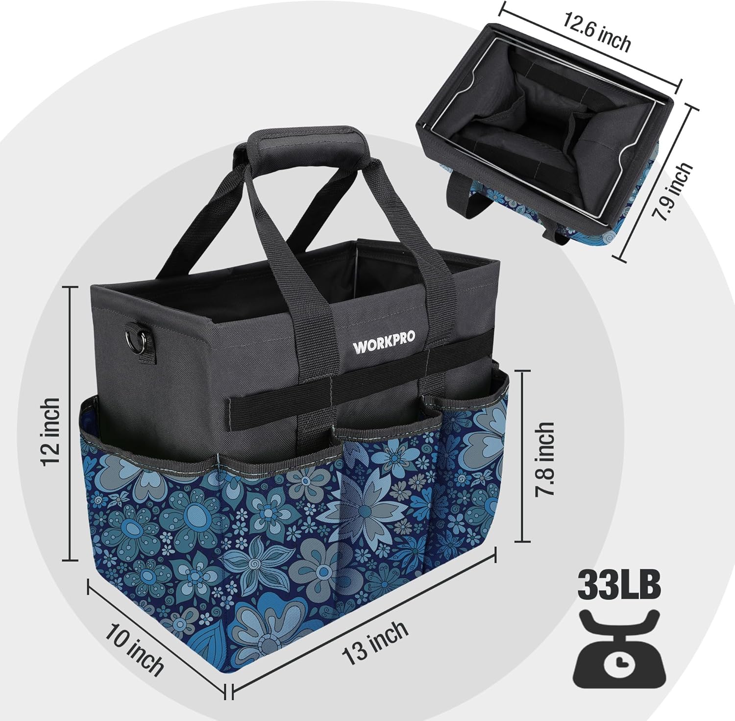 Floral blue and gray heavy-duty garden tool tote bag with 10 pocket layout, open top.