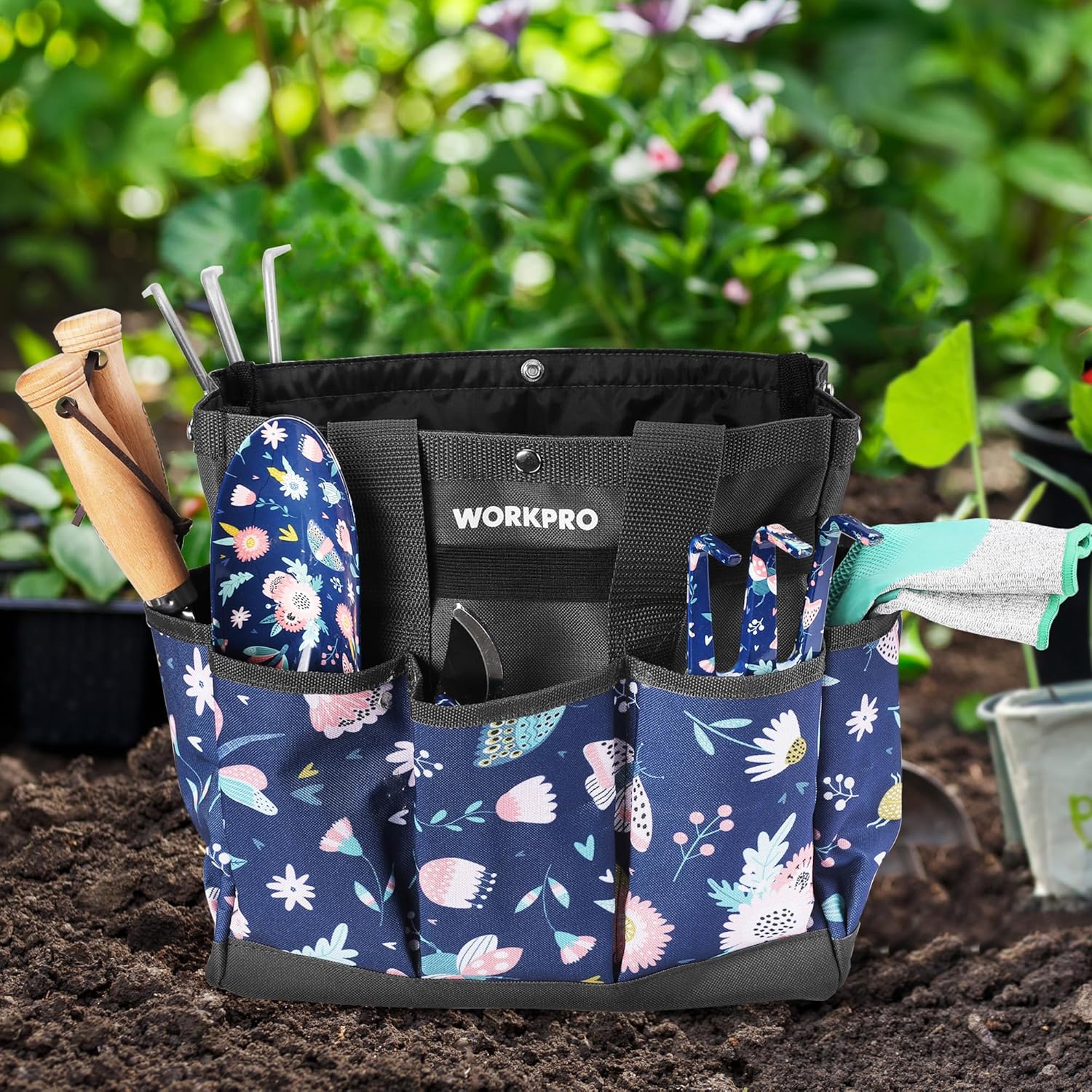 Blue WORKPRO garden tool tote with front organizer pockets and colorful insect pattern.