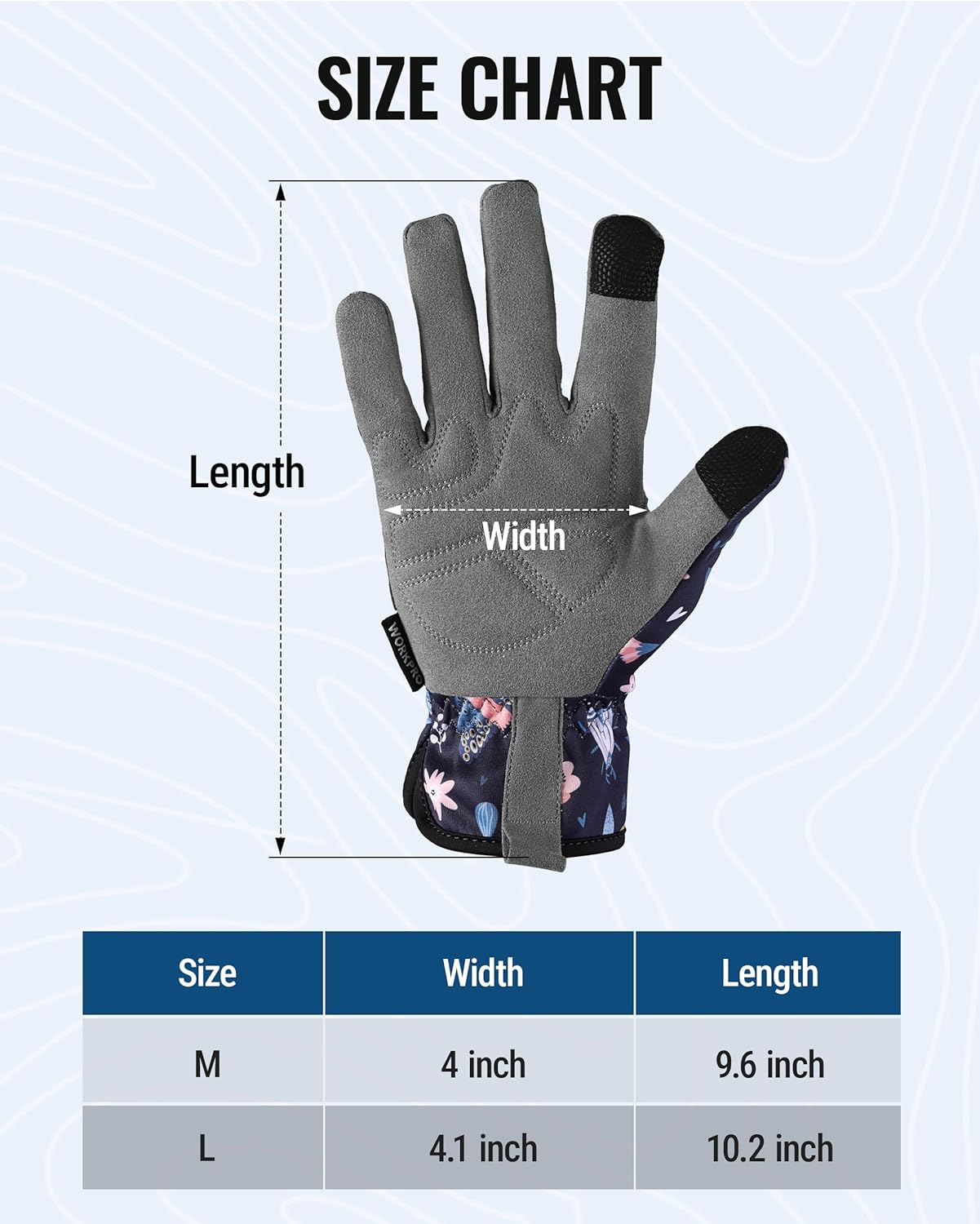 Floral garden gloves with gray padded palms and no-slip grip, size view.
