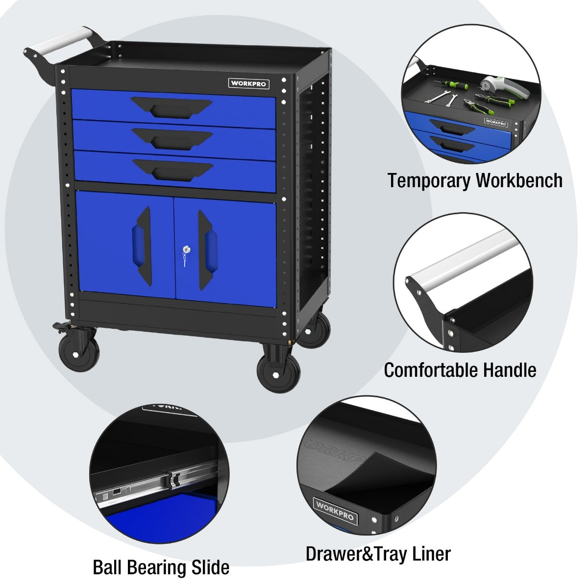 WORKPRO rolling tool chest with blue drawers, side cabinet doors, and bottom caster wheels
