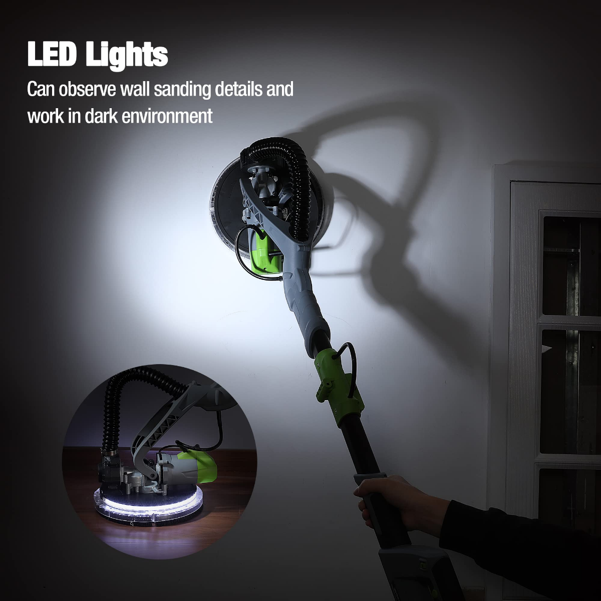 Electric drywall sander with LED-lit sanding head and vacuum hose for wall sanding