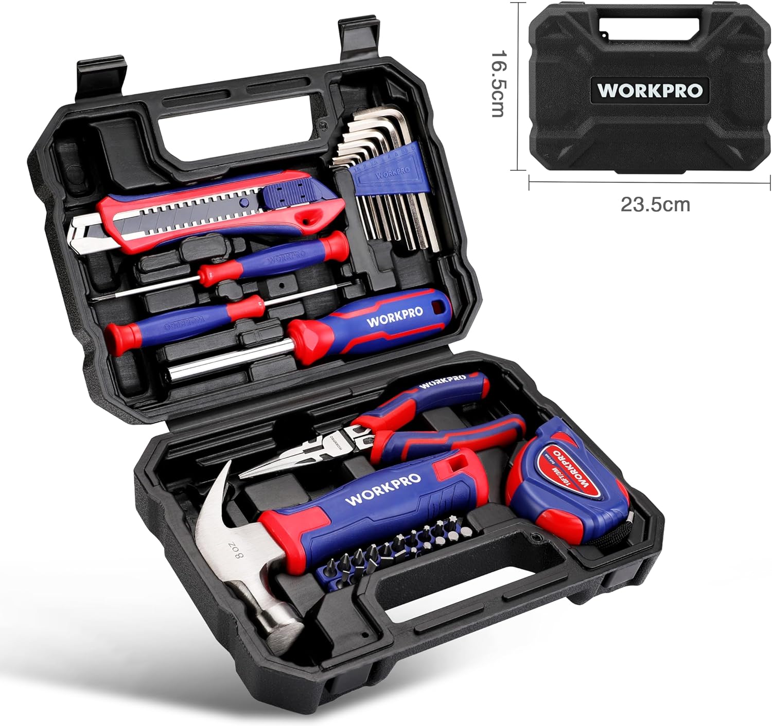 WORKPRO 35-piece tool kit in black foam case with screwdrivers, bits and pliers