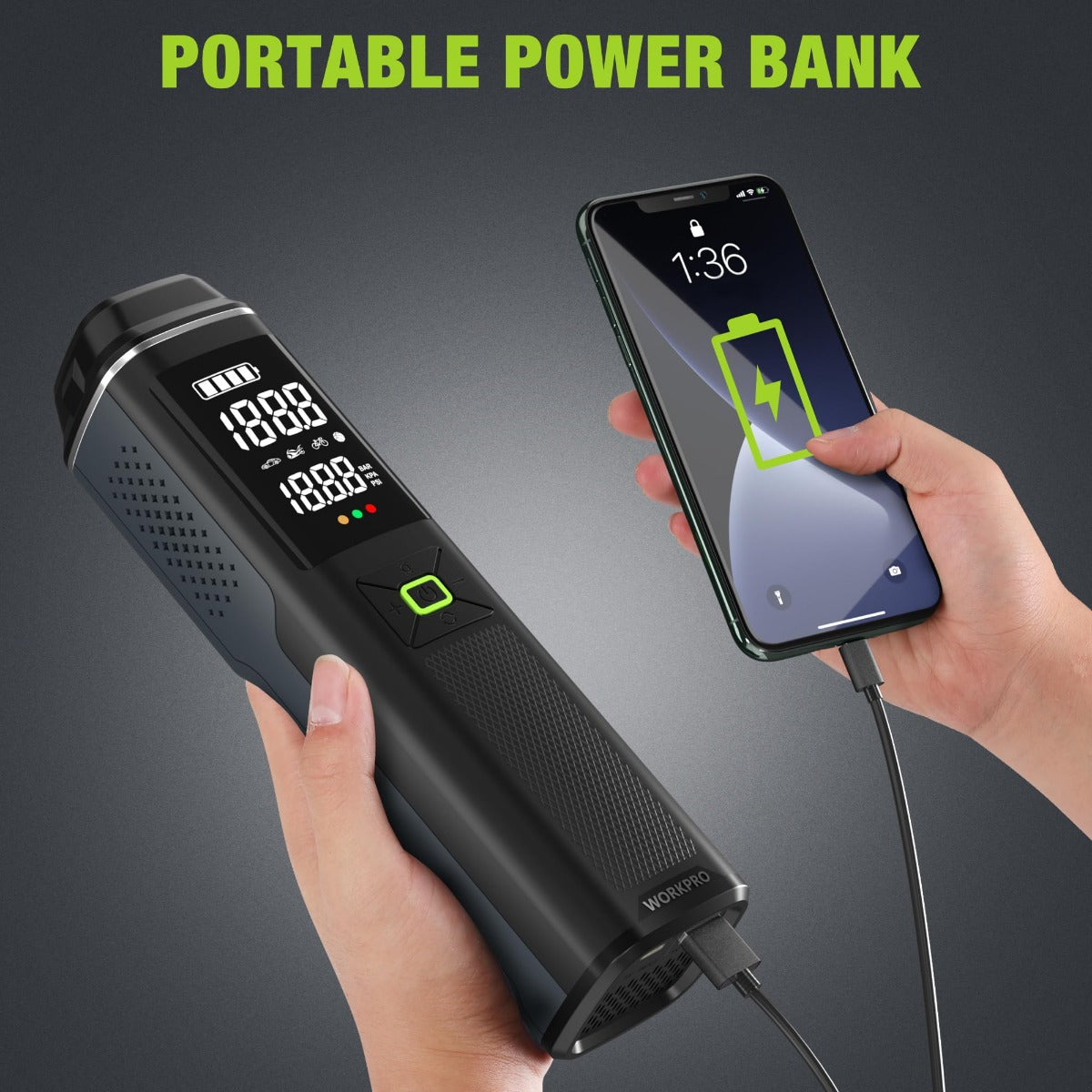 Portable tire inflator air compressor held in hands with digital pressure screen
