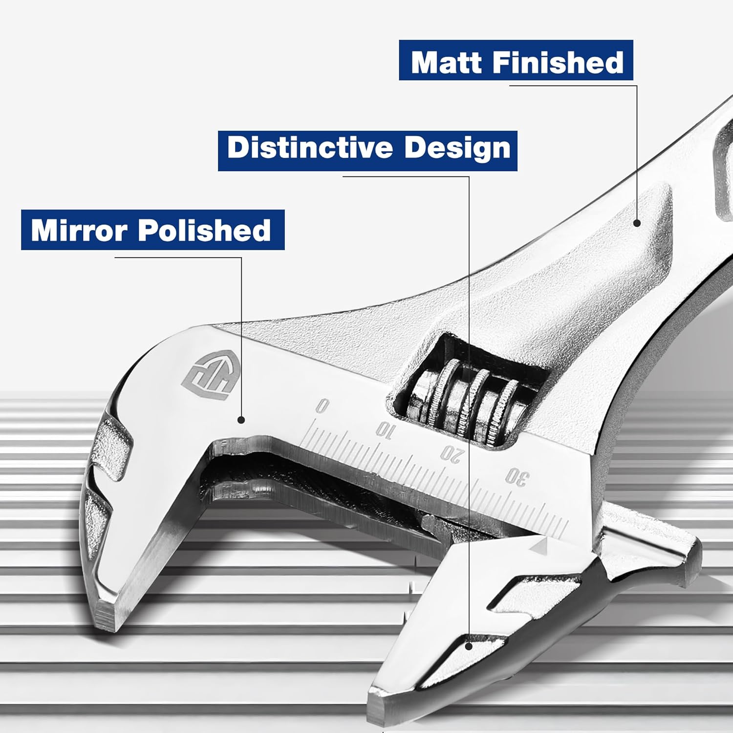 Chrome adjustable wrench with mirror-polished jaws and clear measurement markings