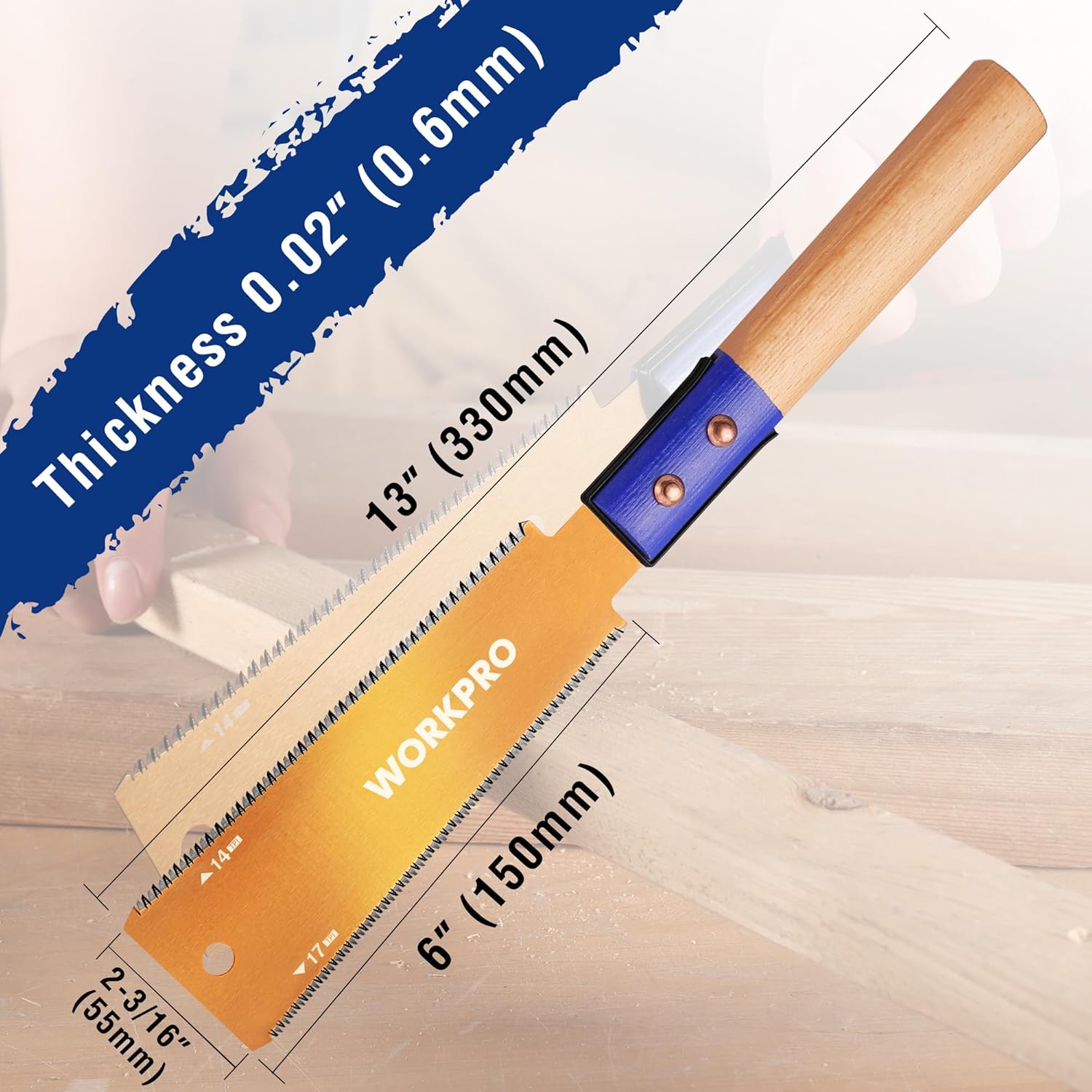 Japanese pull saw with orange blade, blue grip, and beech handle; 6 in size