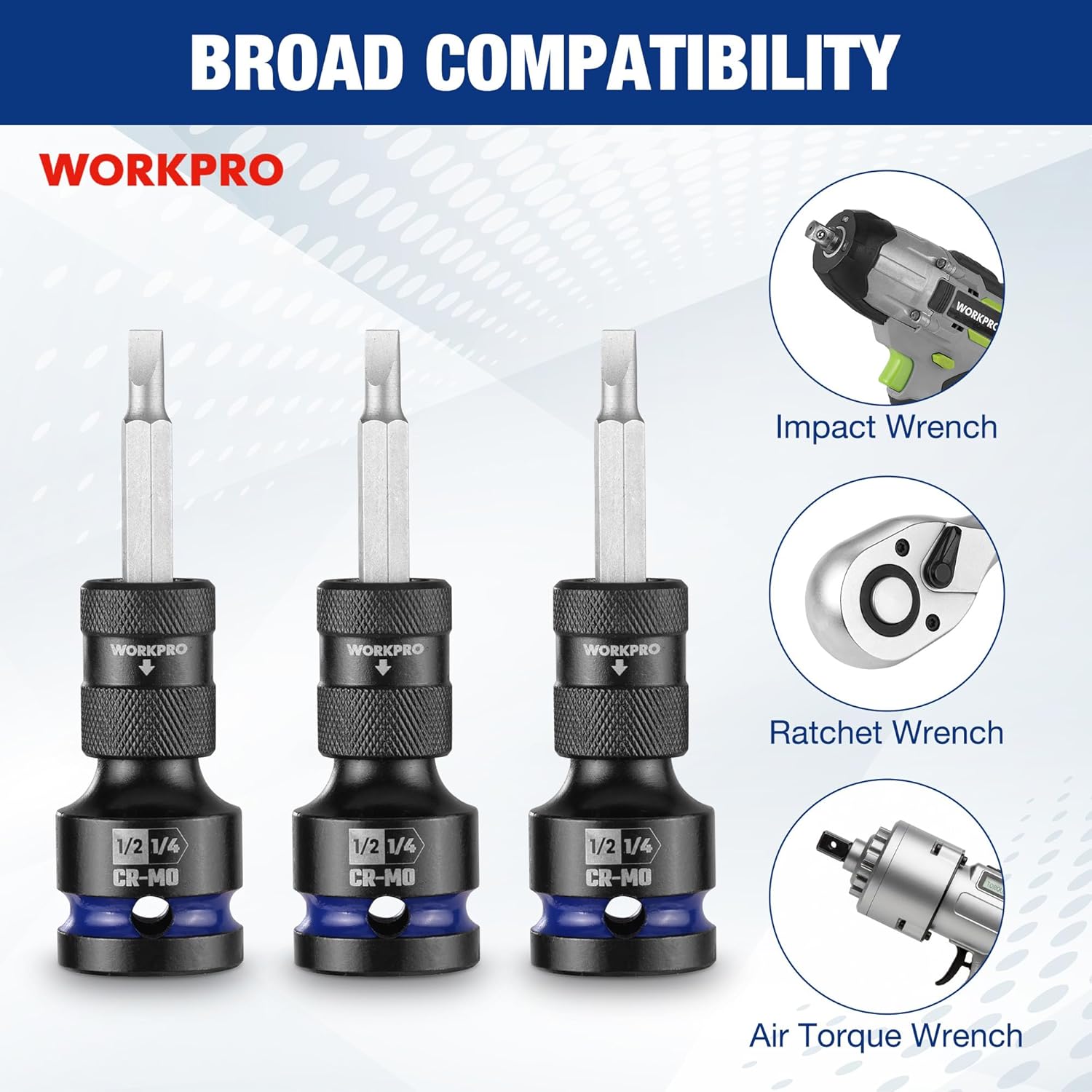 Set of black CR-MO impact socket adapters with 1/2 in square and 1/4 in hex ends