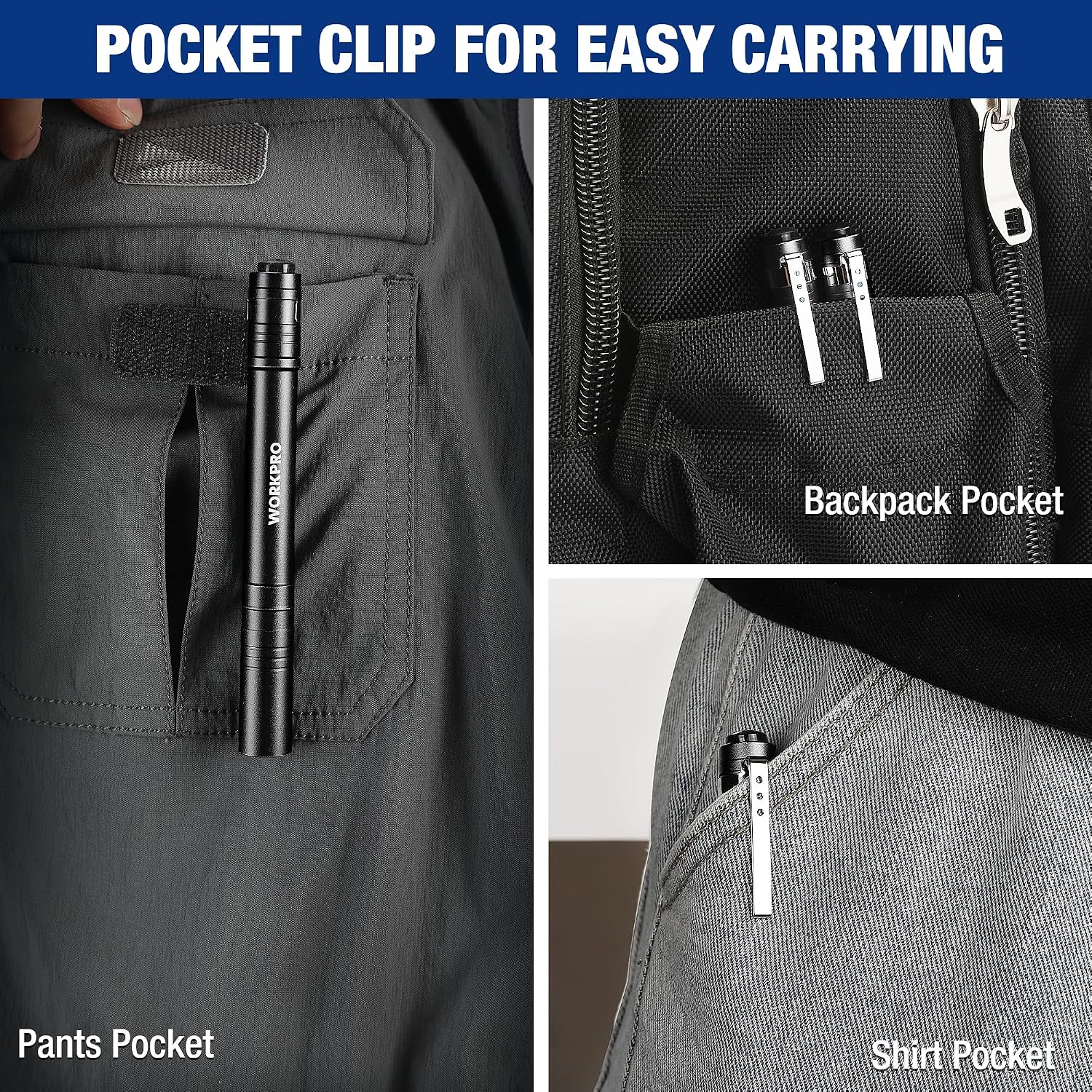Black LED pen flashlight with pocket clip, shown in pants and backpack pockets