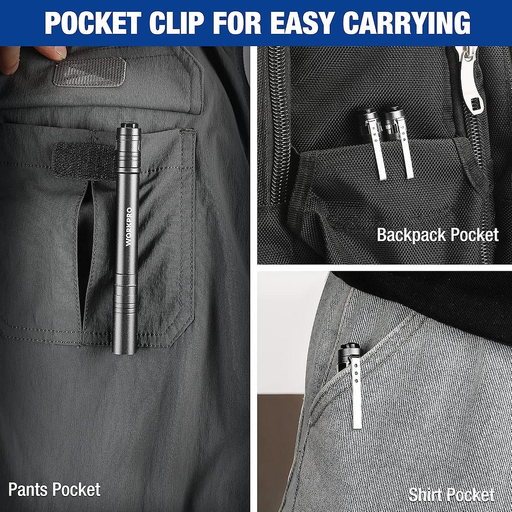 Pocket-clip LED pen flashlight, dark gray metal body, shown in pants pocket