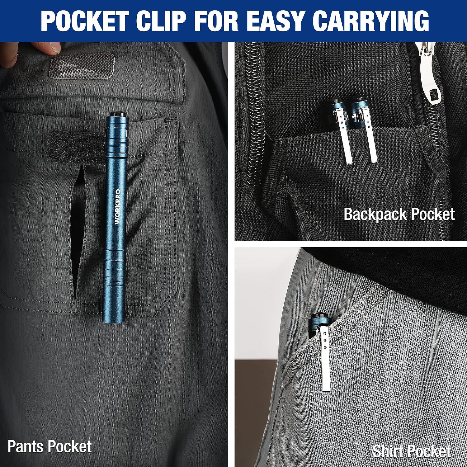 Blue WORKPRO LED pocket flashlight clipped in pants, shirt, and backpack pockets