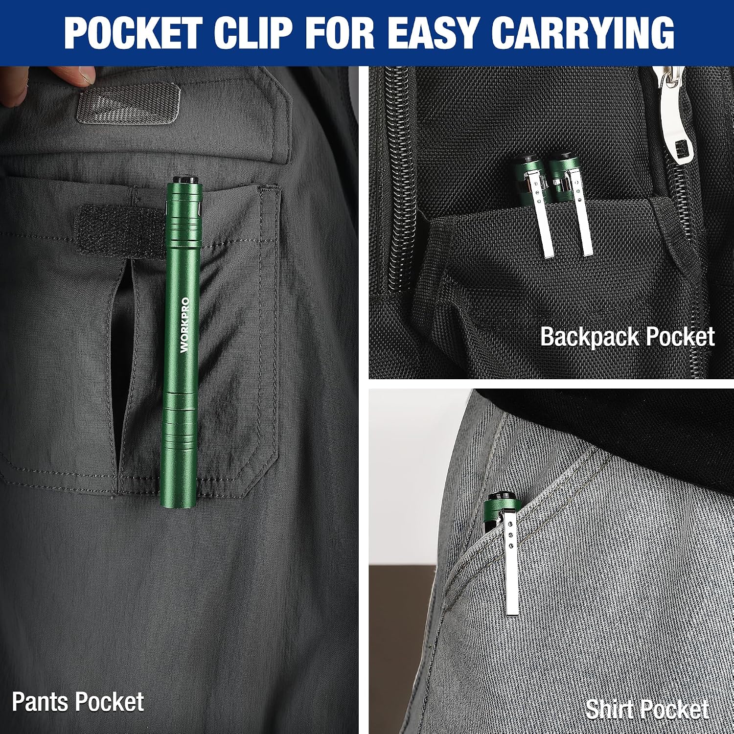 Green LED pen flashlight with pocket clip, shown in pants and backpack pockets