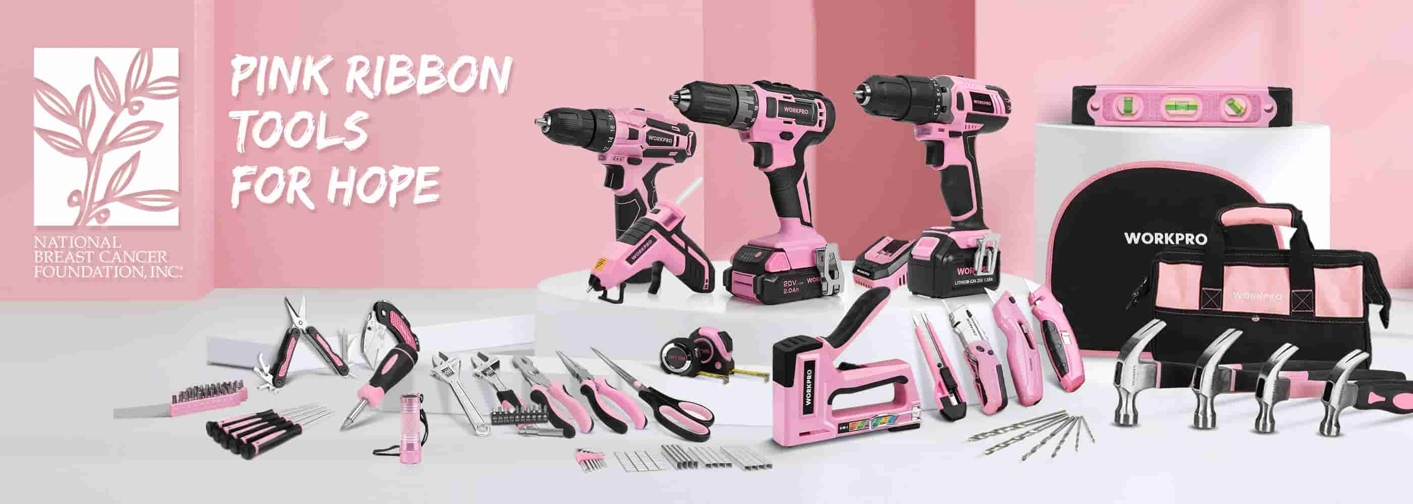 Pink power tools and hand tools set with innovation and quality text on a charity banner background