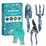Floral printed garden tool set with turquoise gloves, including trowel, pruner, and cultivator