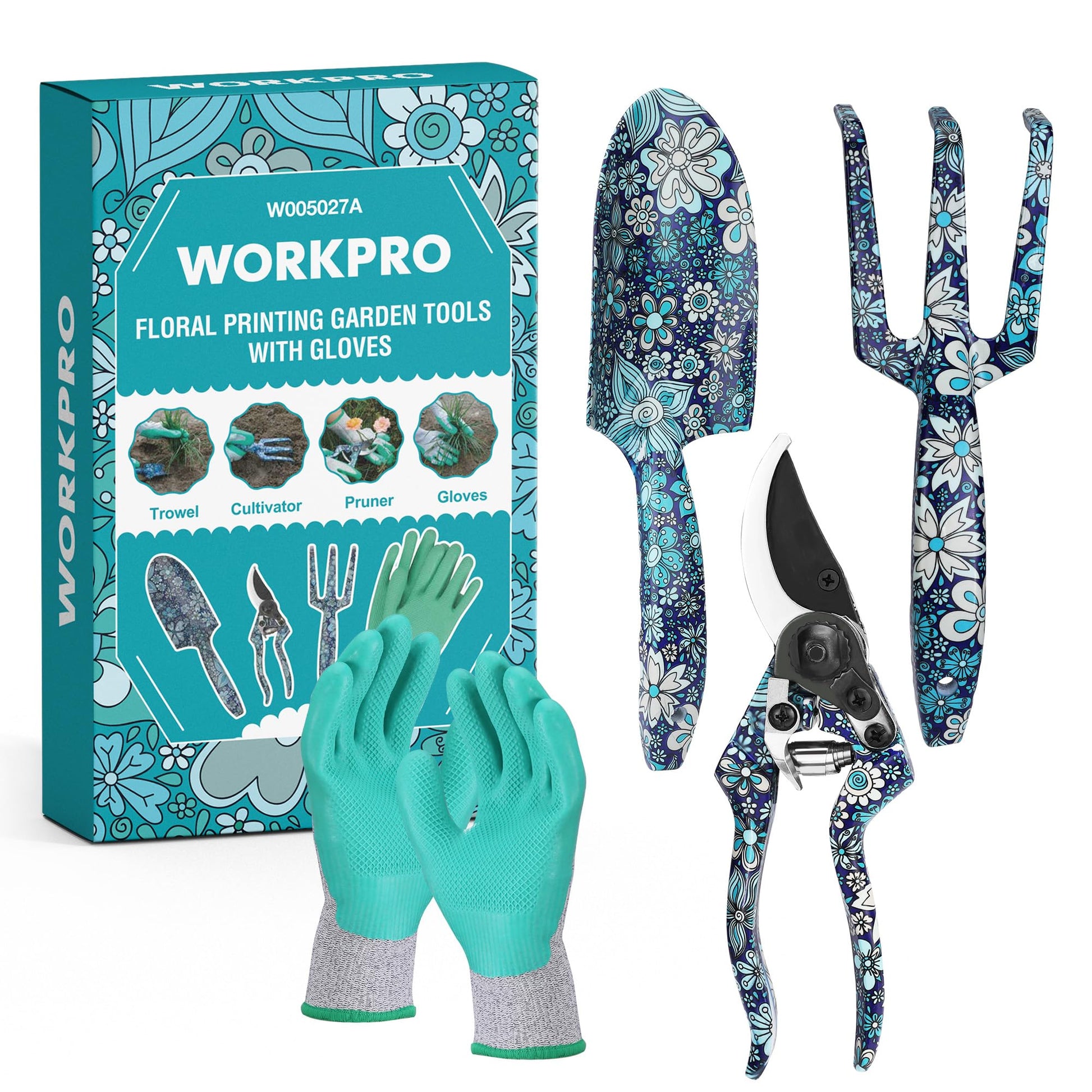 Floral printed garden tool set with turquoise gloves, including trowel, pruner, and cultivator