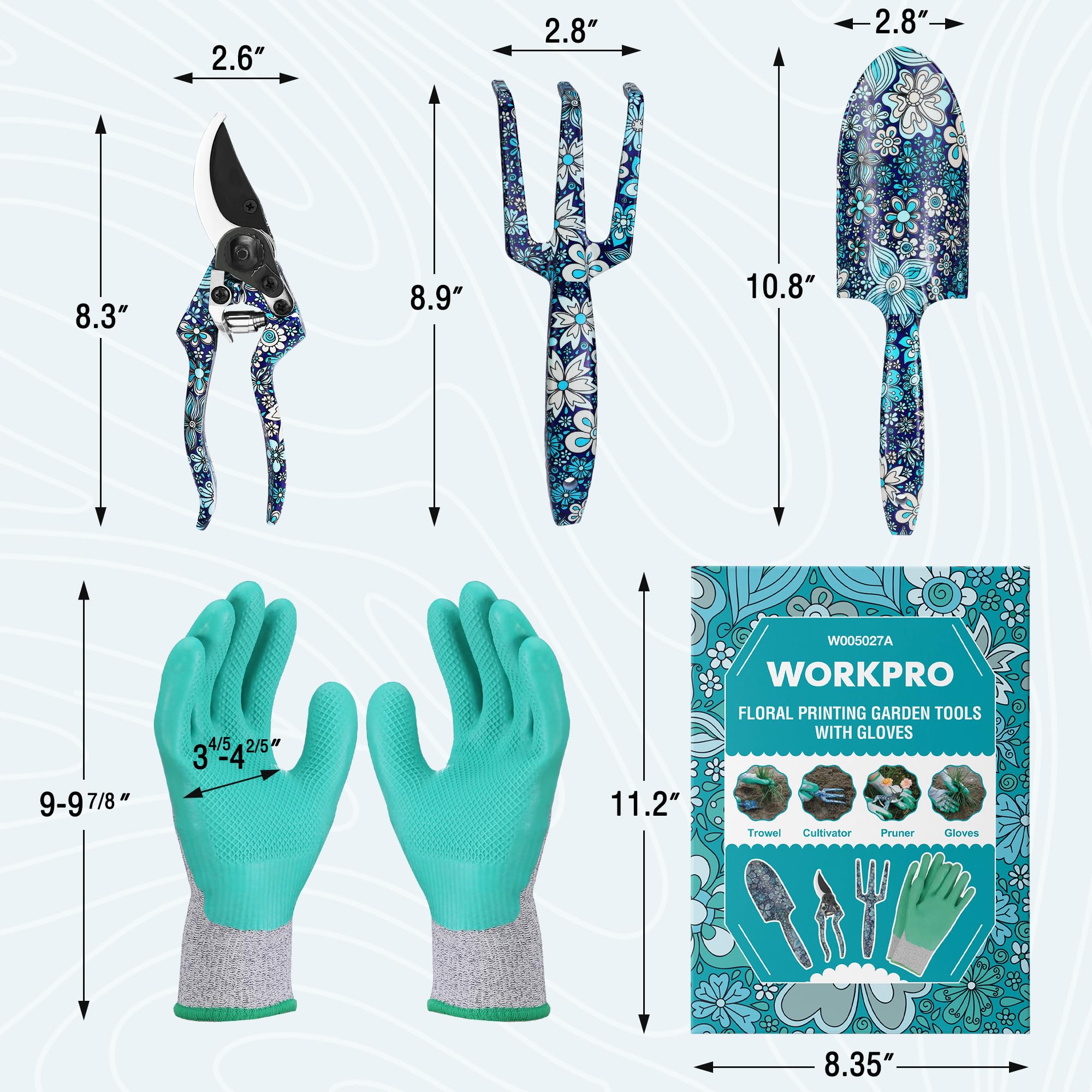 Blue floral garden tools and turquoise gloves with shown size measurements