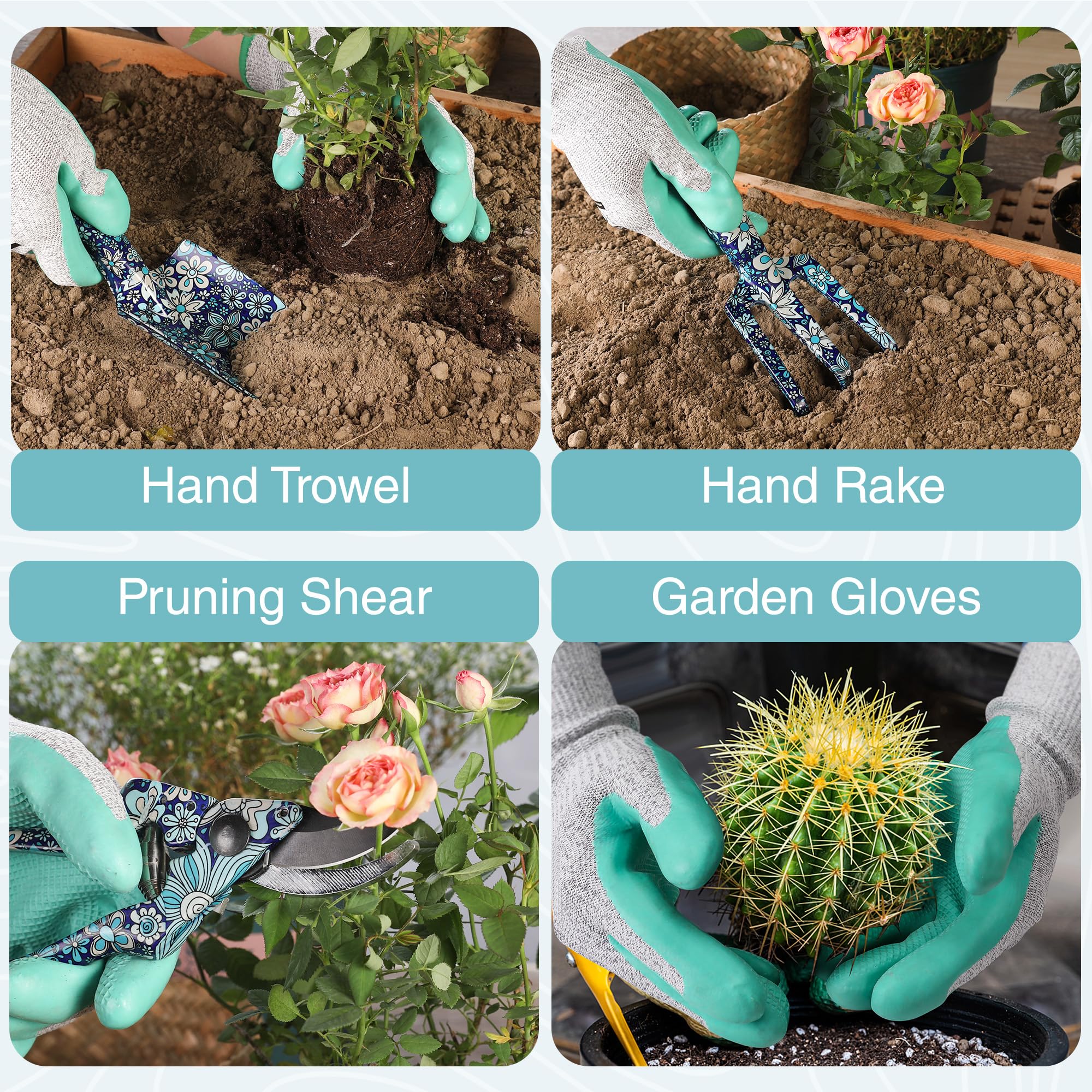 Blue floral hand tools with turquoise gloves shown in garden beds