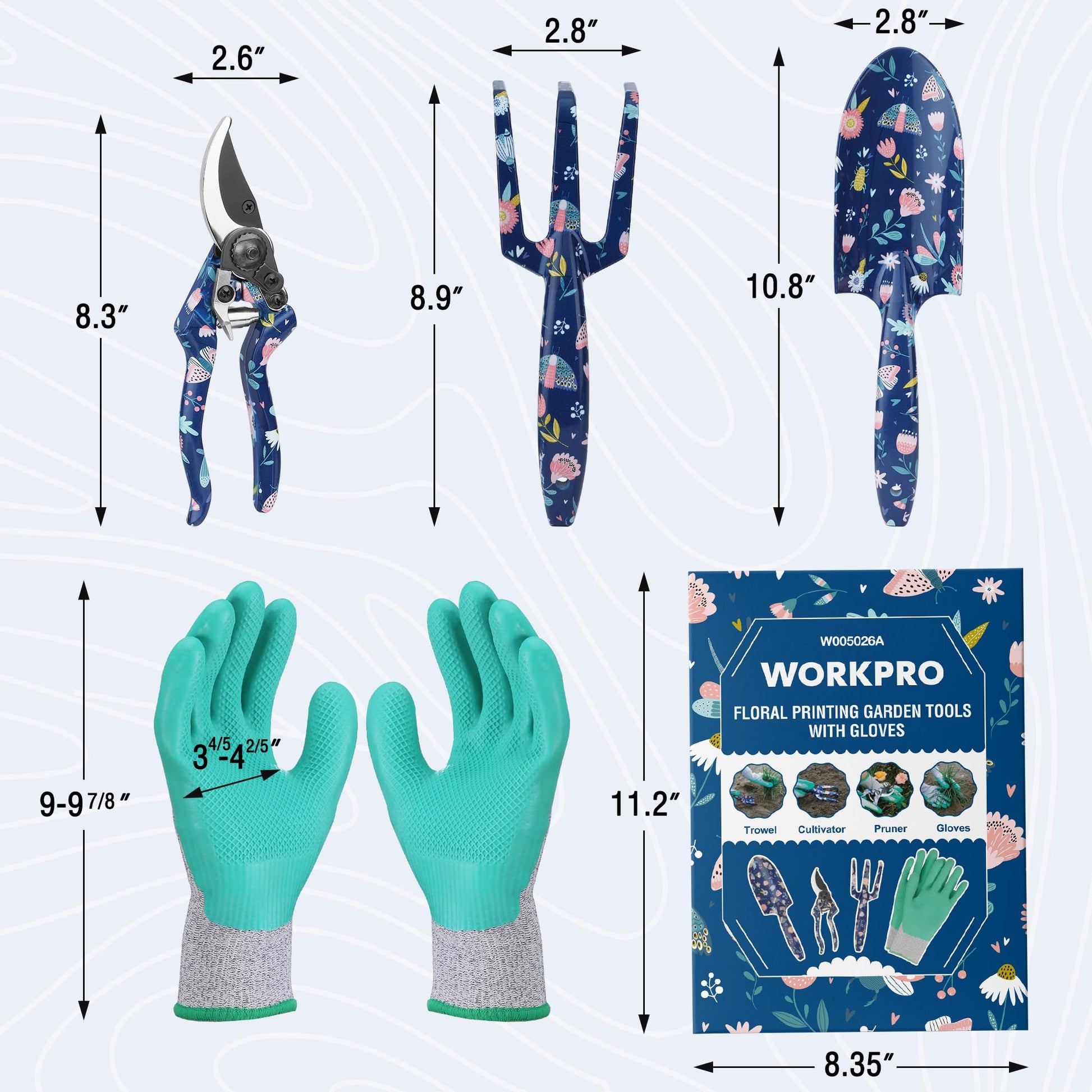 Floral printed garden tools and turquoise gloves, size diagram on white background