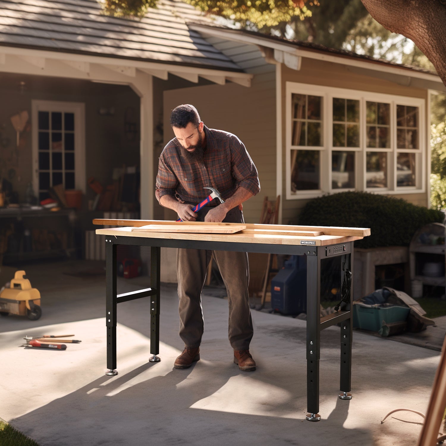 Man using a cordless drill at a workbench, innovation and quality in home carpentry work