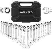 Ratcheting combination wrench set with black WORKPRO case and chrome wrenches