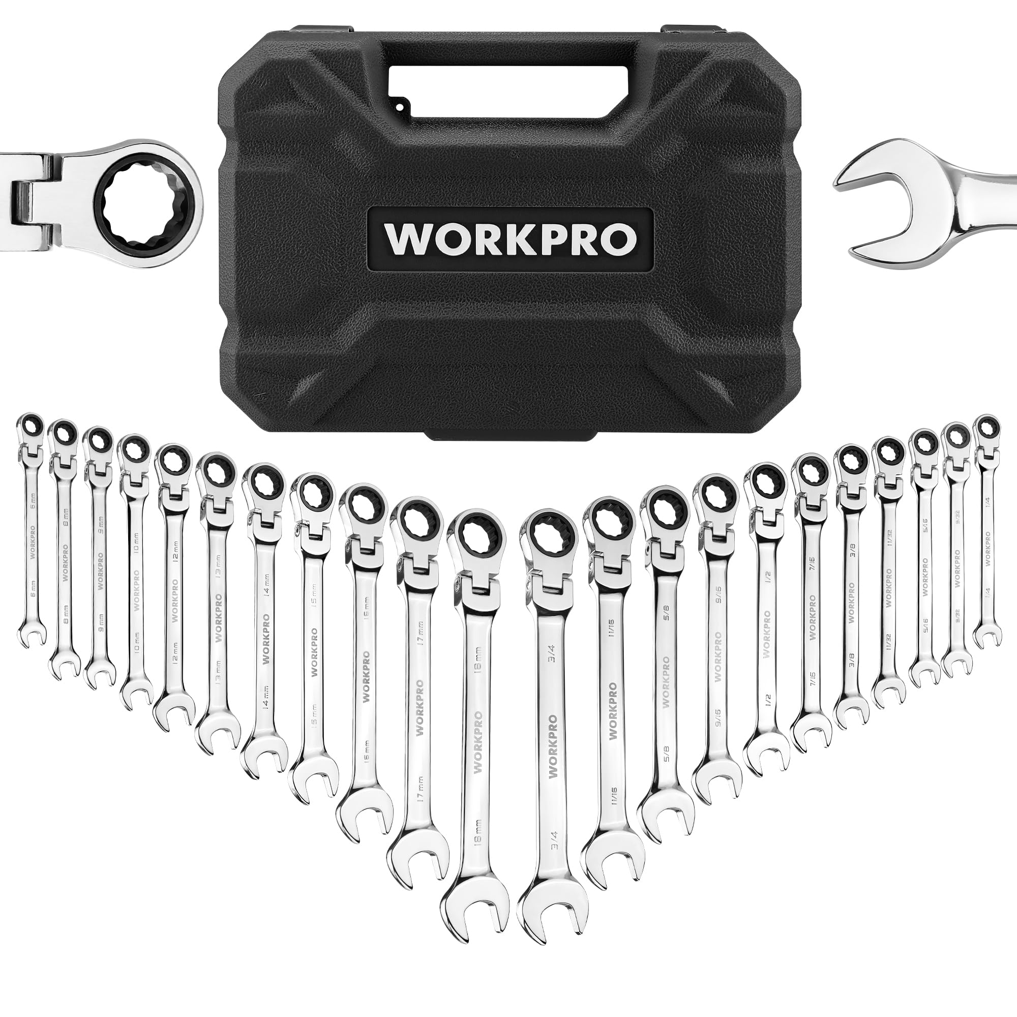 Ratcheting combination wrench set with black WORKPRO case and chrome wrenches