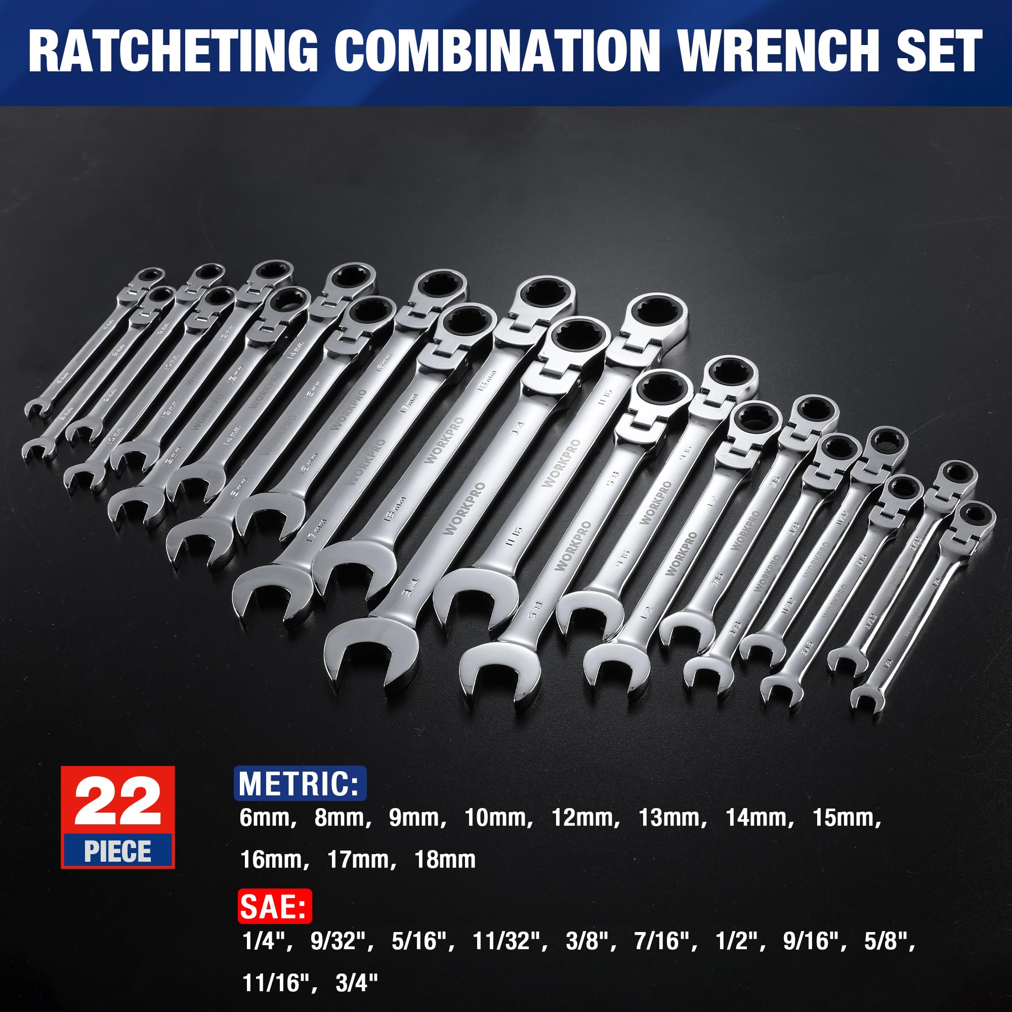 Ratcheting combination wrench set with chrome wrenches, 22-piece