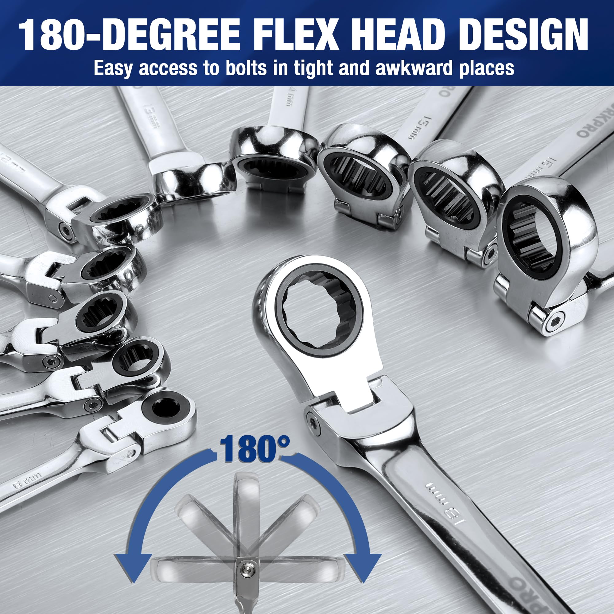 Flex-head ratcheting combination wrench with 180-degree head rotation, chrome