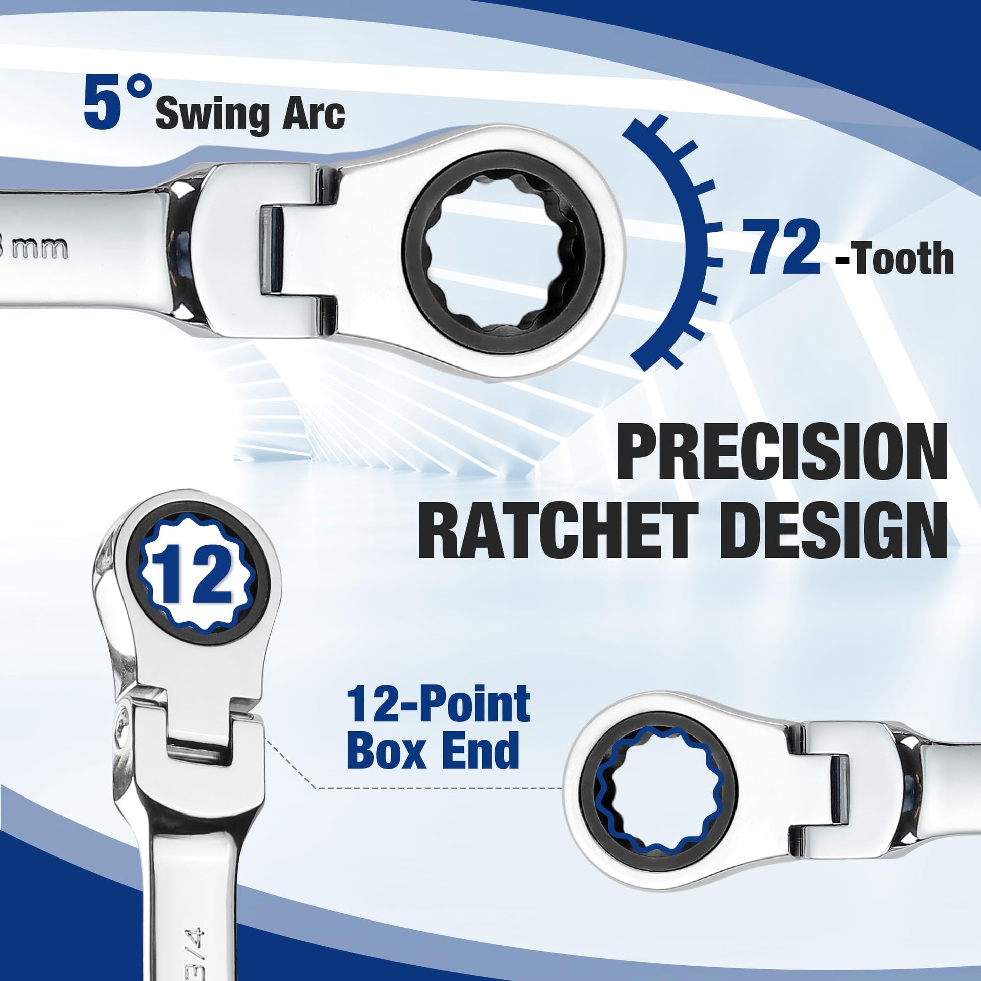 Ratcheting combination wrench showing 72-tooth mechanism and 12-point box end