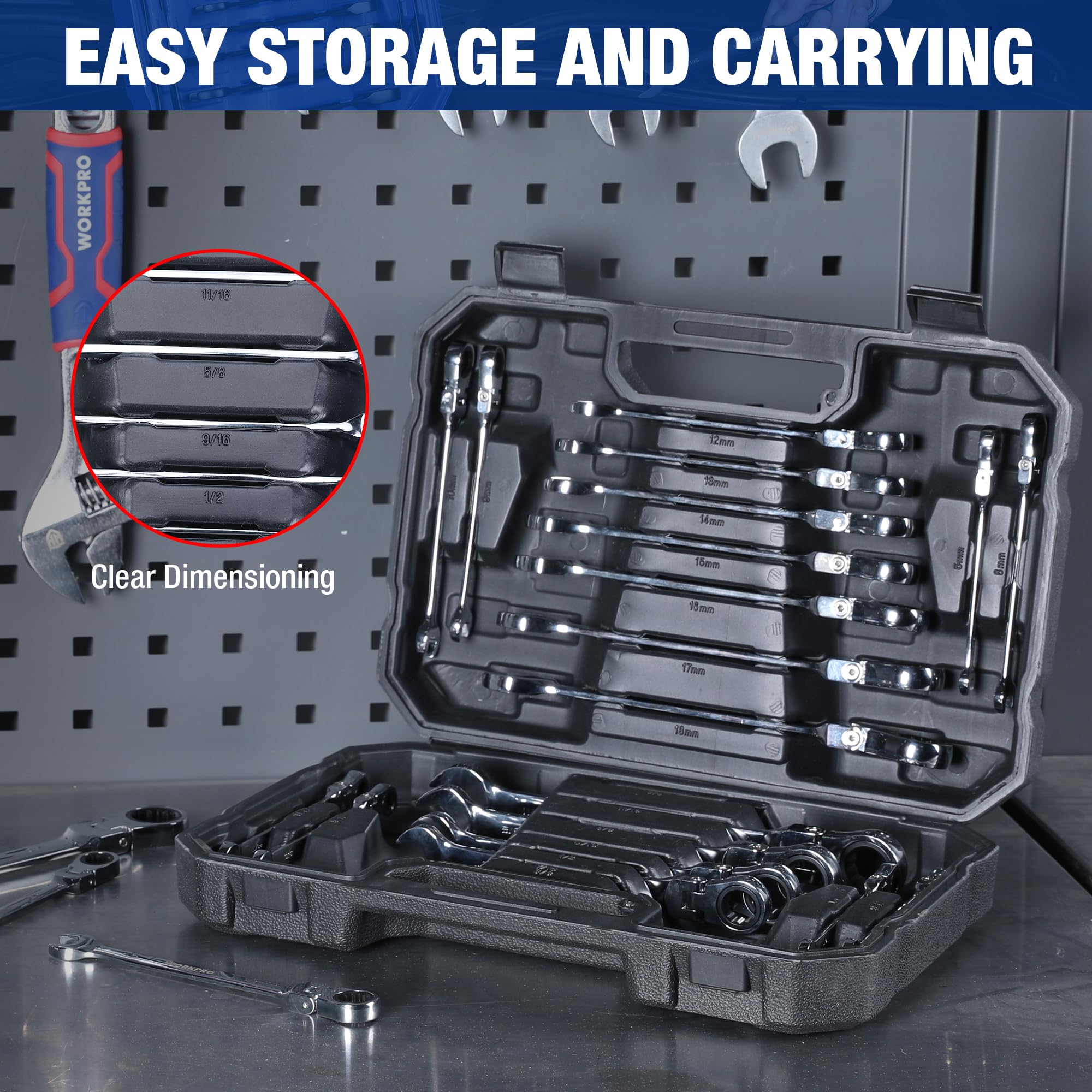 WORKPRO 22-piece ratcheting combination wrench set in gray carrying case with included wrenches