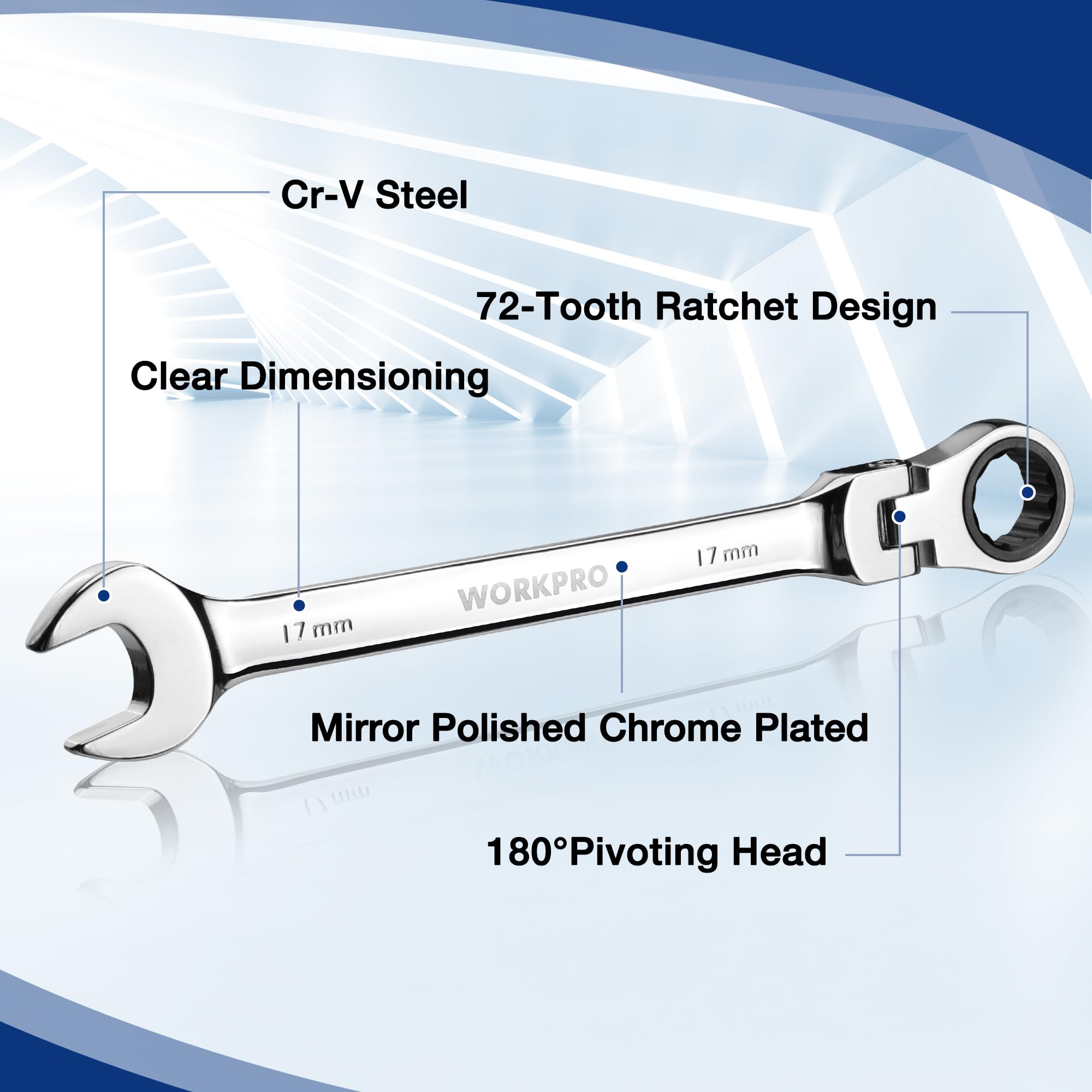 Chrome-plated ratcheting combo wrench with 180° pivoting head, 72-tooth ratchet, 17 mm