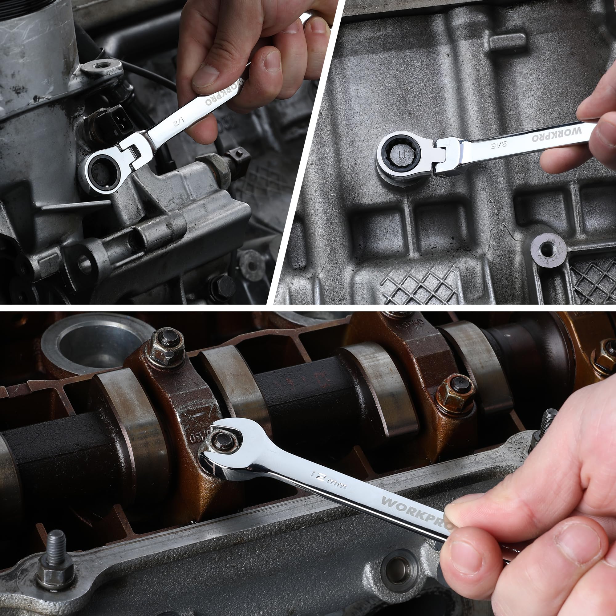 Ratcheting combination wrench using open-end on engine hardware with pivoting head
