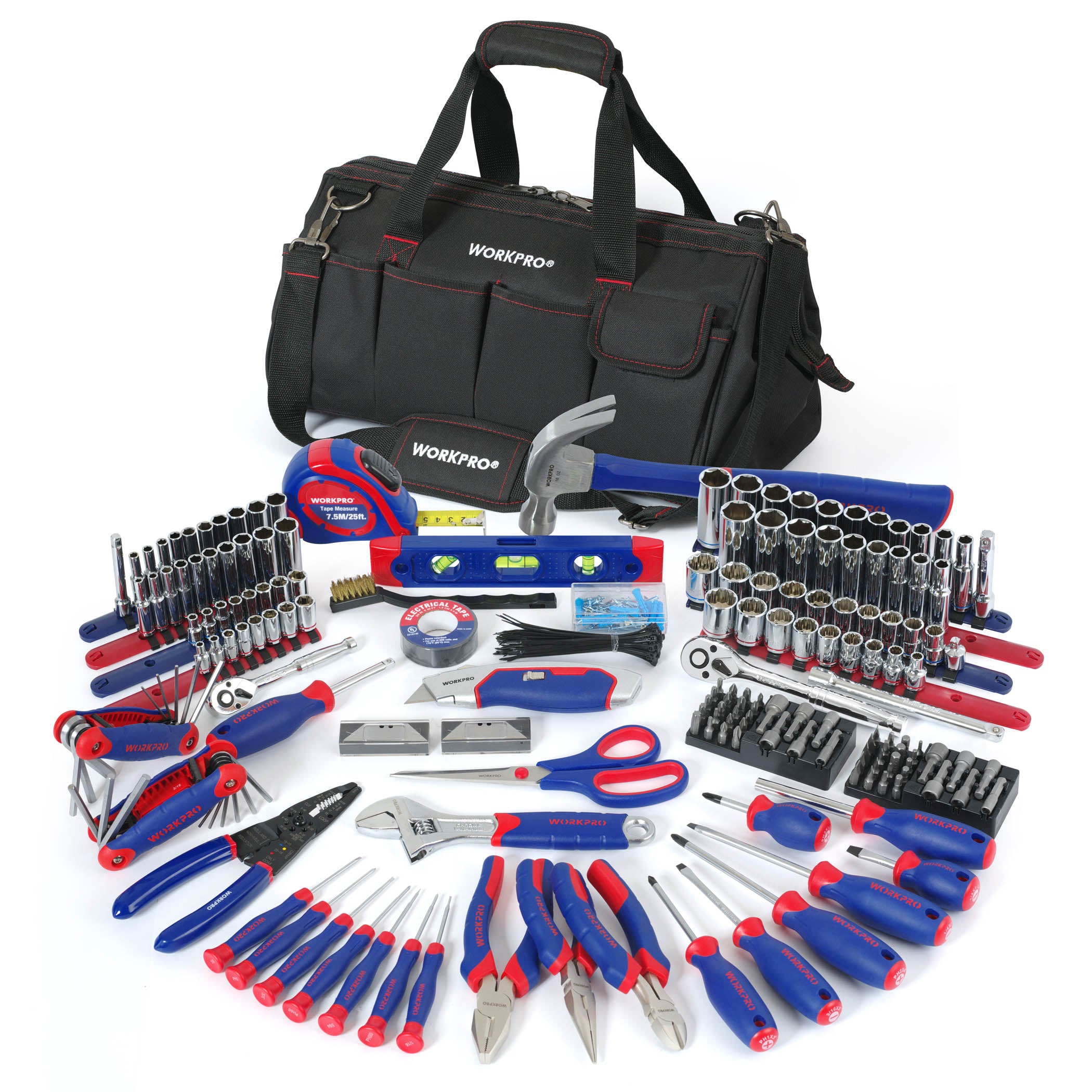WORKPRO 322 Pcs home repair hand tool kit with carry bag, quality innovation, secure and durable storage